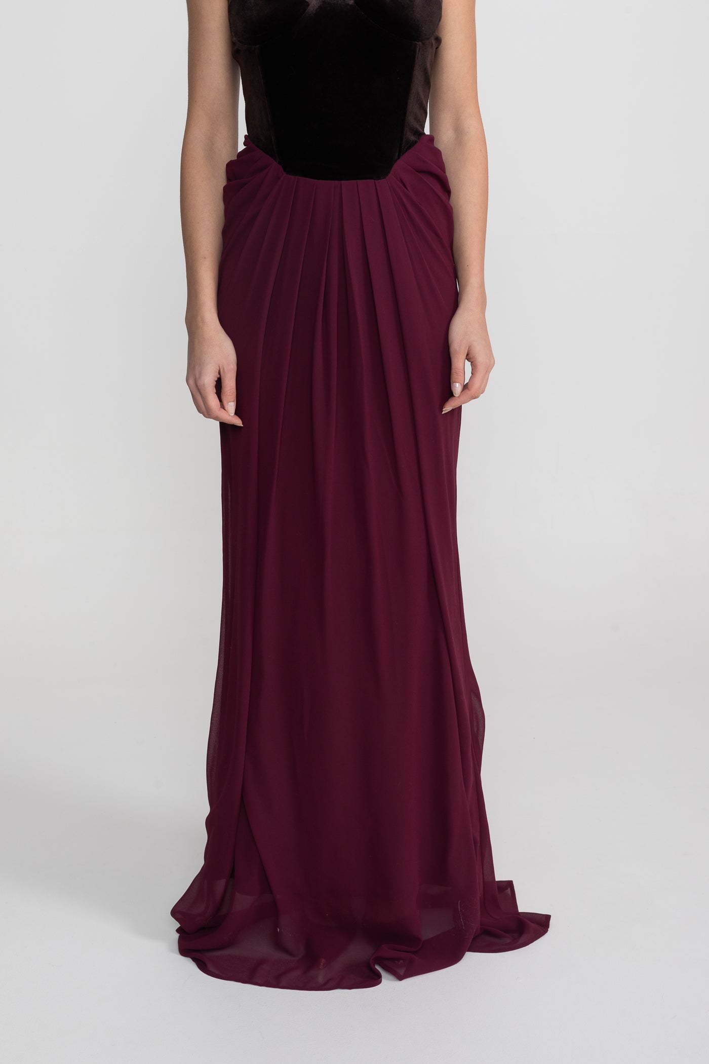 Rochie Maxi cu Corset din Catifea și Fustă Fluidă - Burgundy 