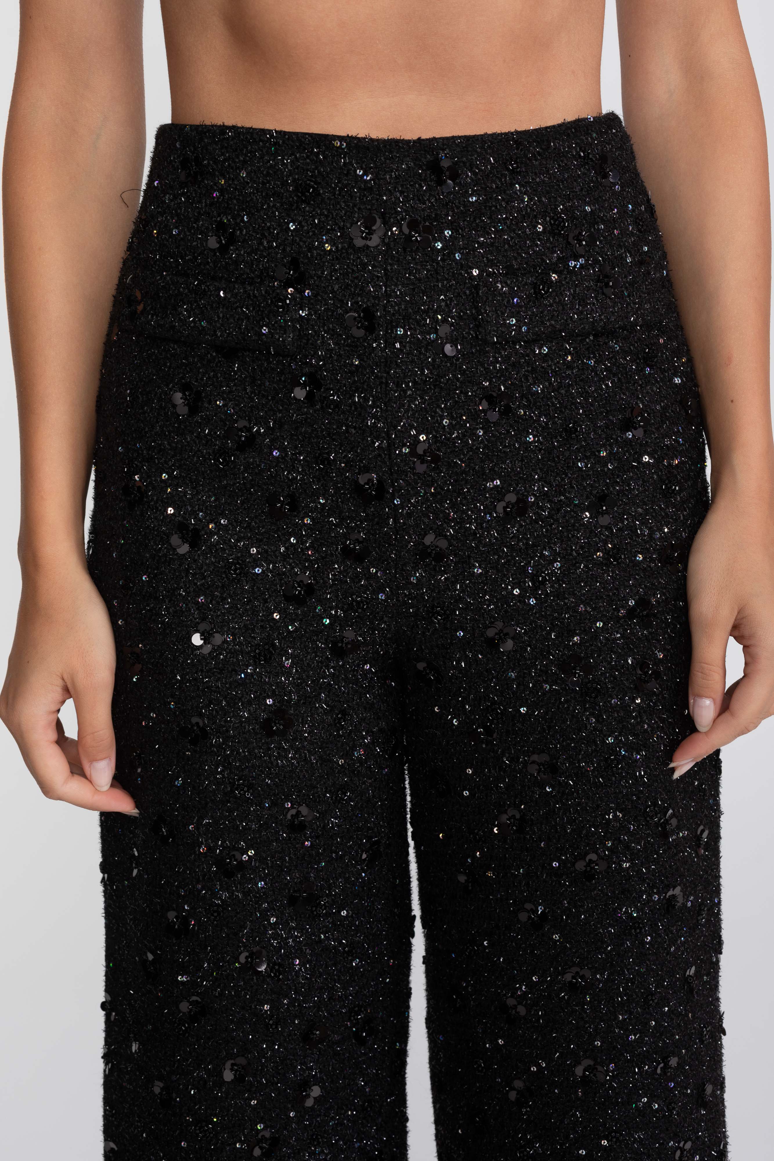 Pantaloni Tweed Wide-Leg Cu Detaliu Din Paiete - Negru 