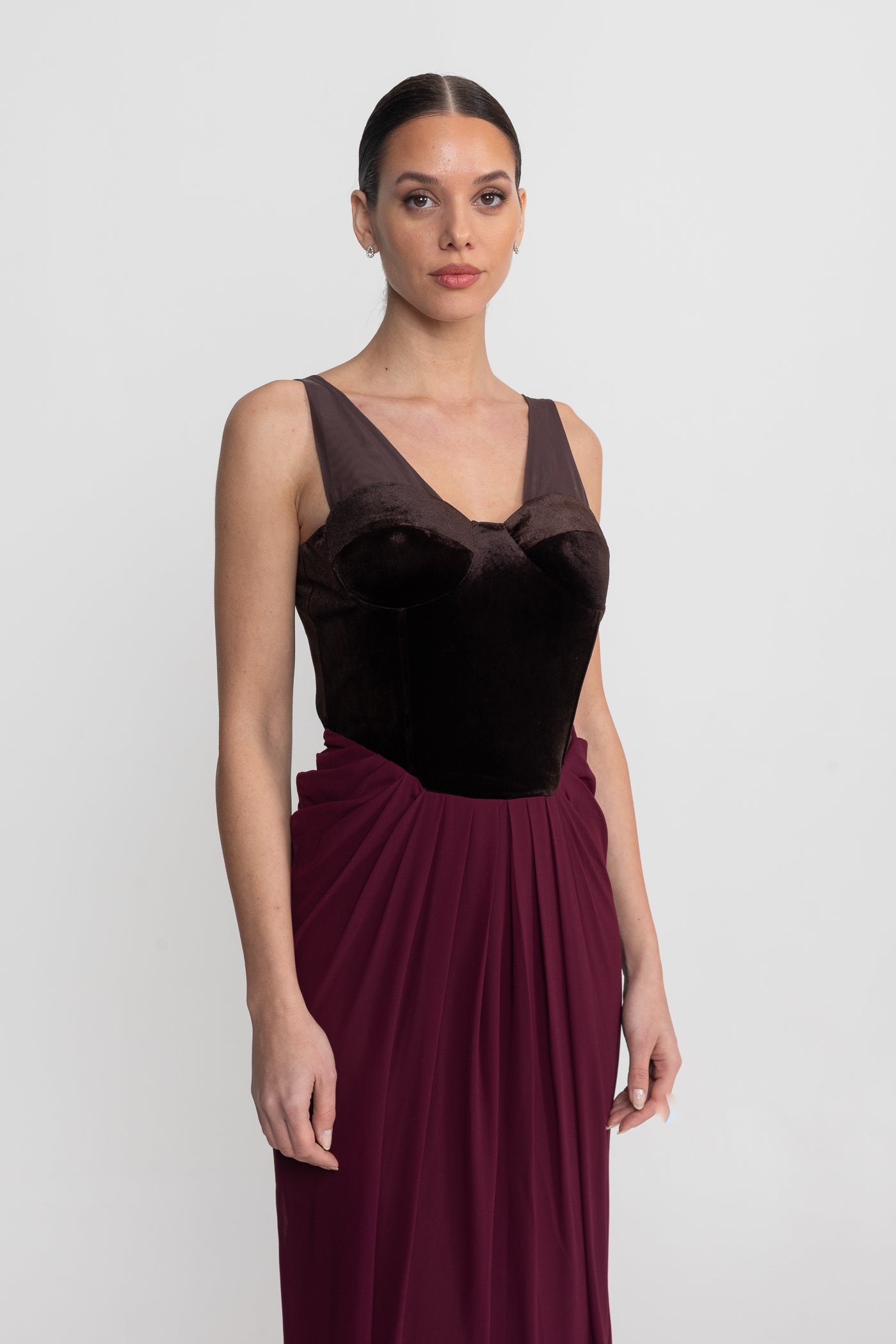 Rochie Maxi cu Corset din Catifea și Fustă Fluidă - Burgundy 