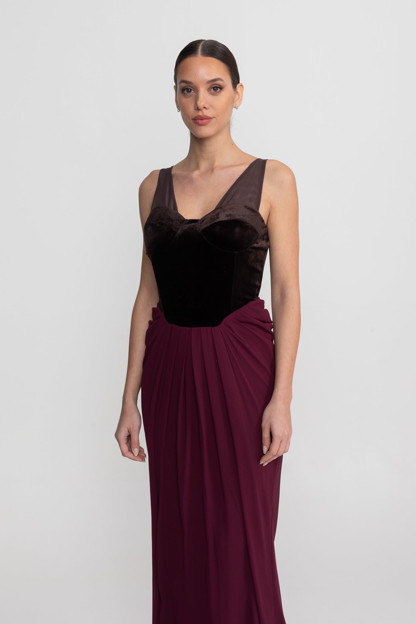 Rochie Maxi cu Corset din Catifea și Fustă Fluidă - Burgundy 