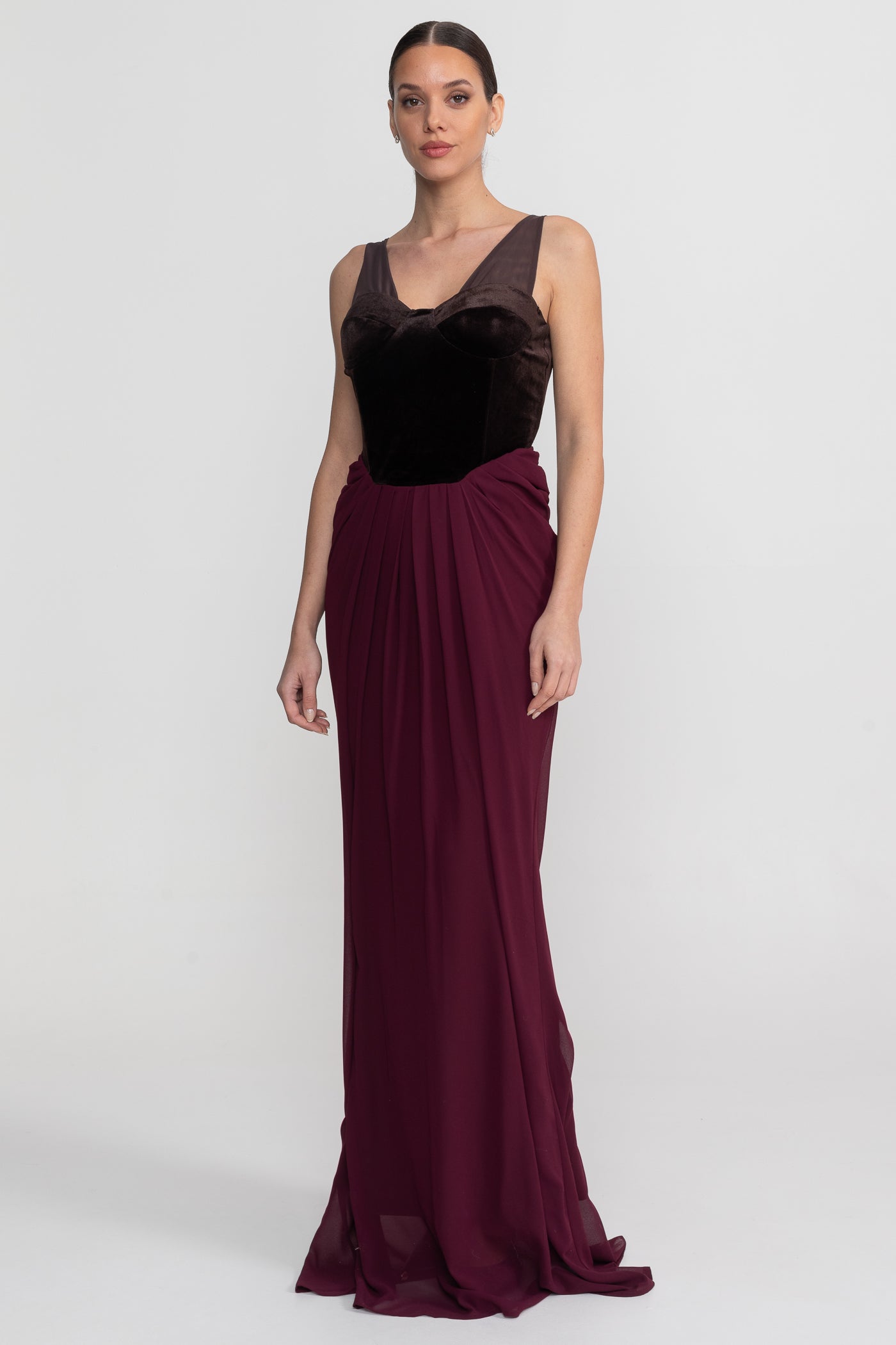 Rochie Maxi cu Corset din Catifea și Fustă Fluidă - Burgundy 
