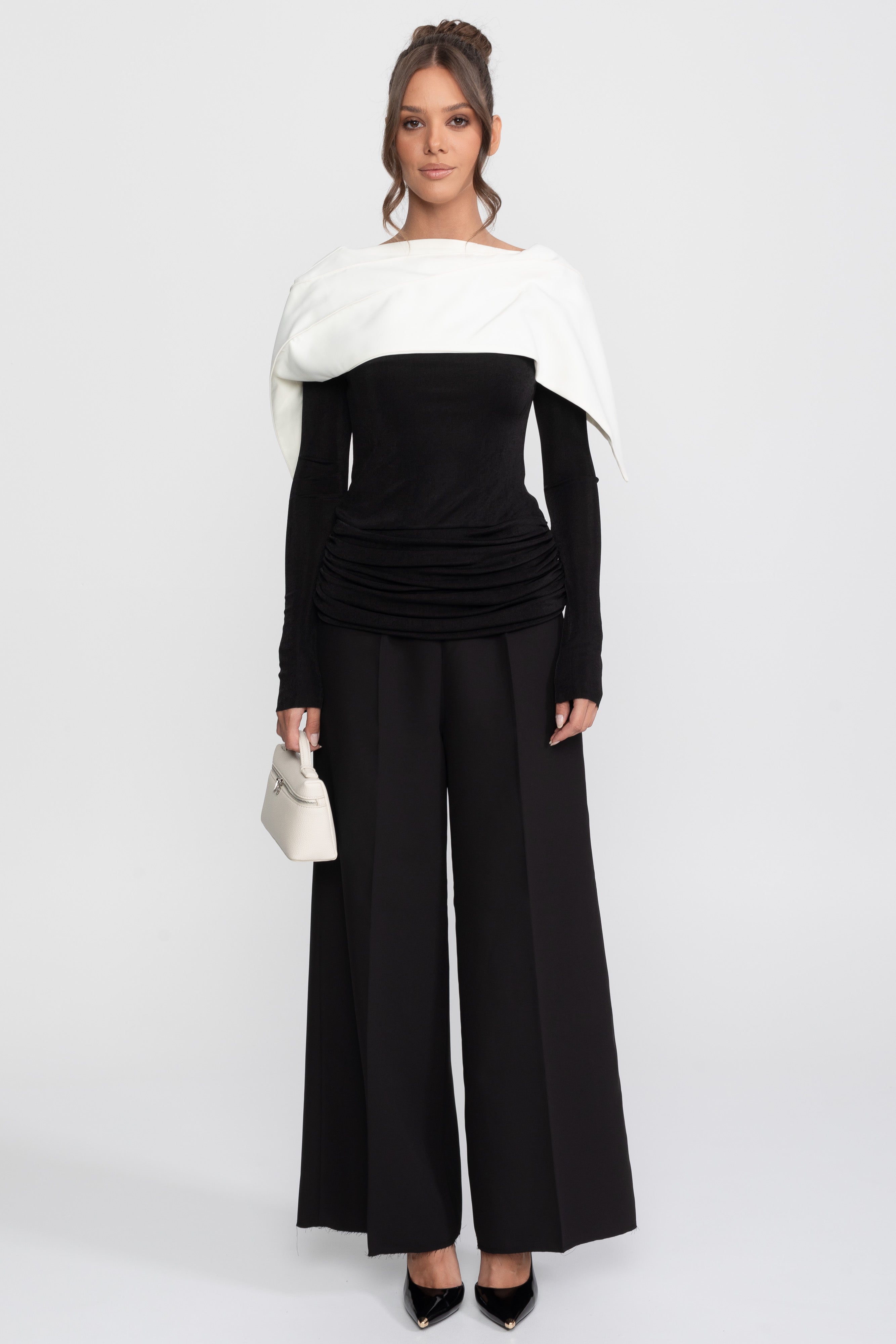Ruched Wrap Top With Contrasting Cape And Trouser Ensemble - Black