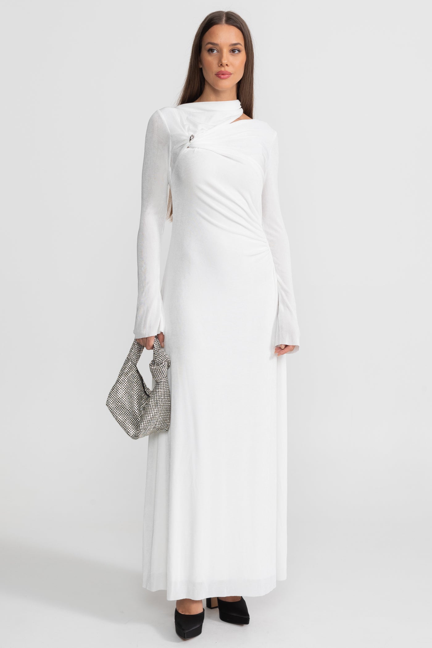 Draped Maxi Dress with Cut-Out and Elegant Detail - White