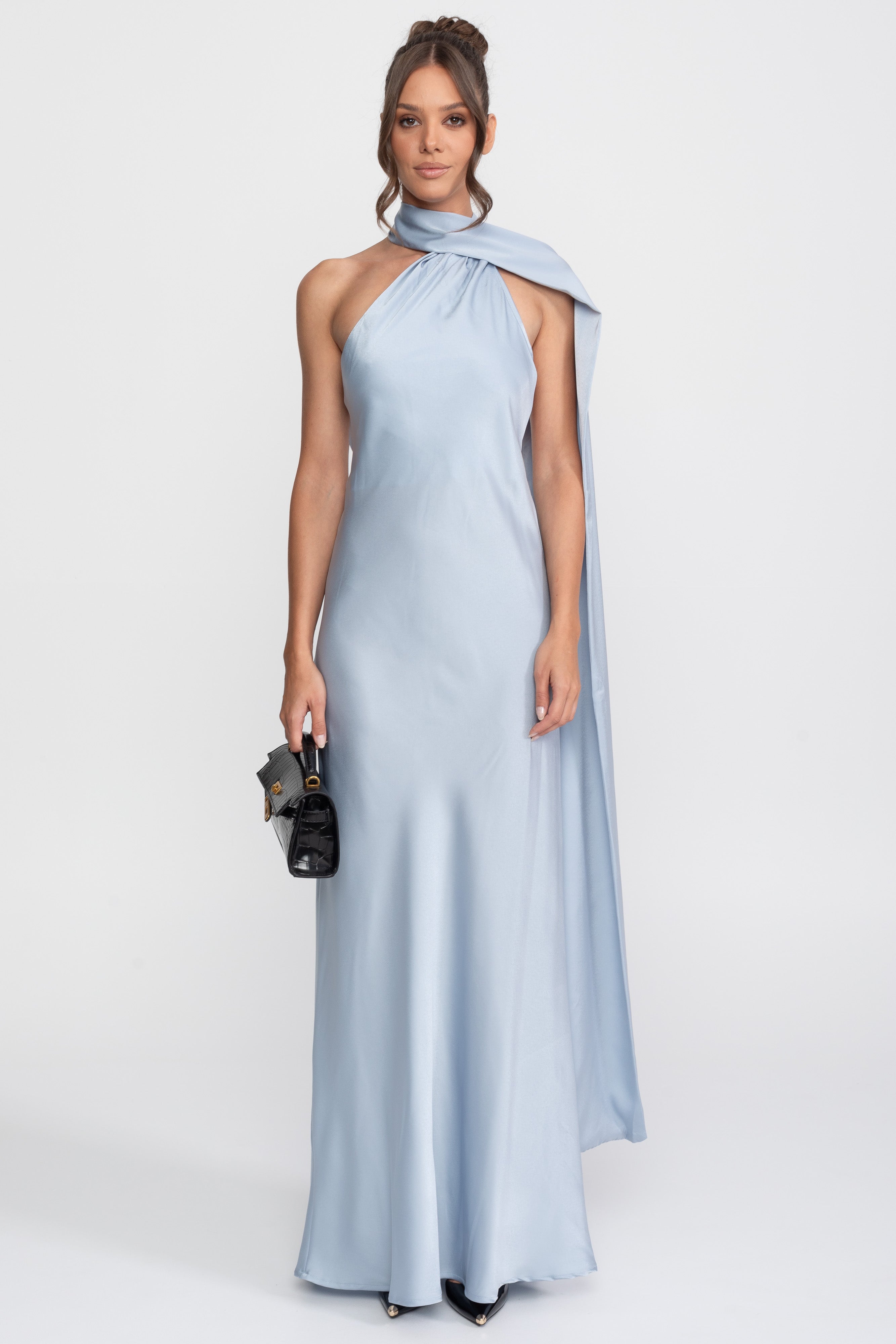 Rochie slip din satin, cu halter răsucit și decolteu asimetric - Albastru 