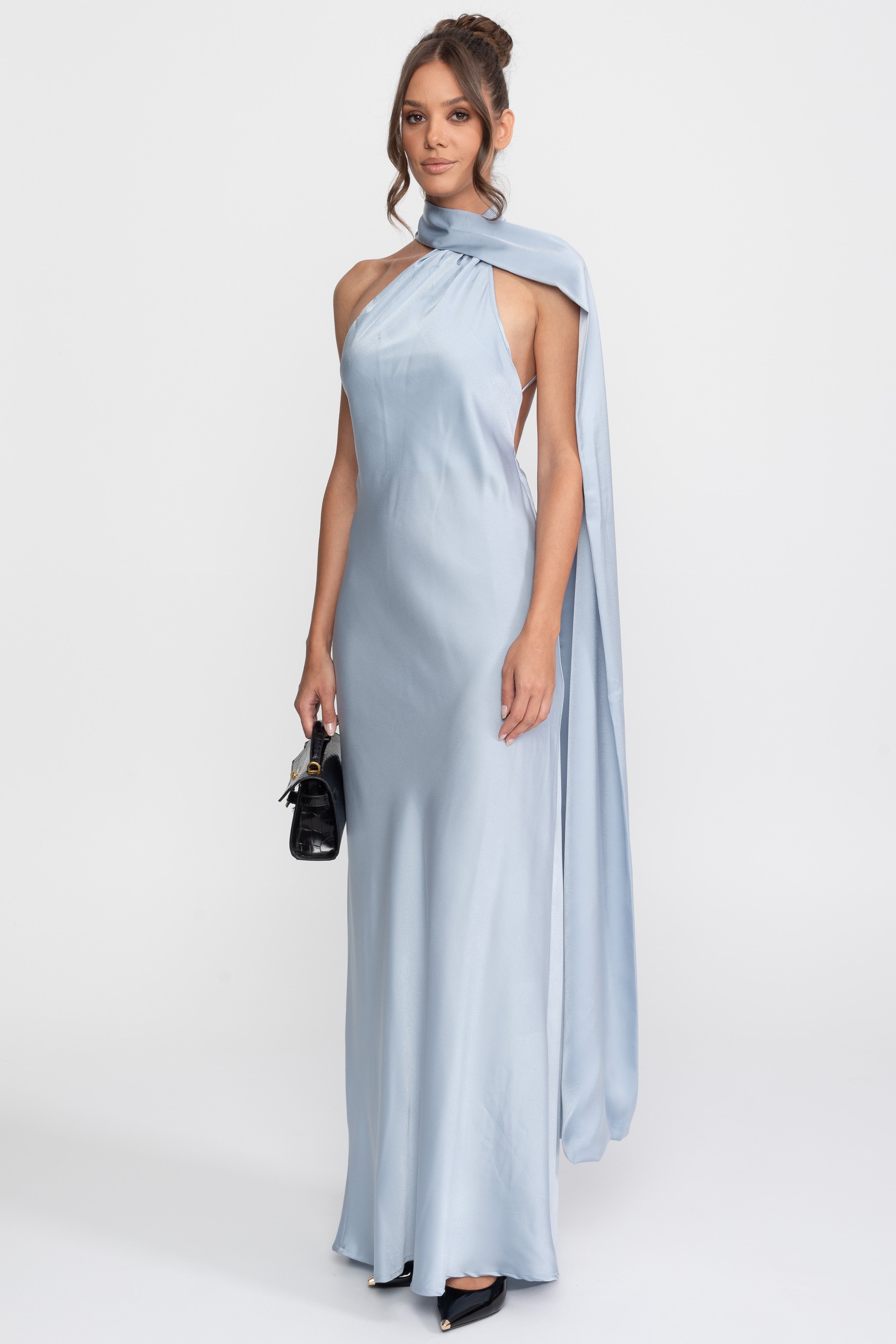 Rochie slip din satin, cu halter răsucit și decolteu asimetric - Albastru 
