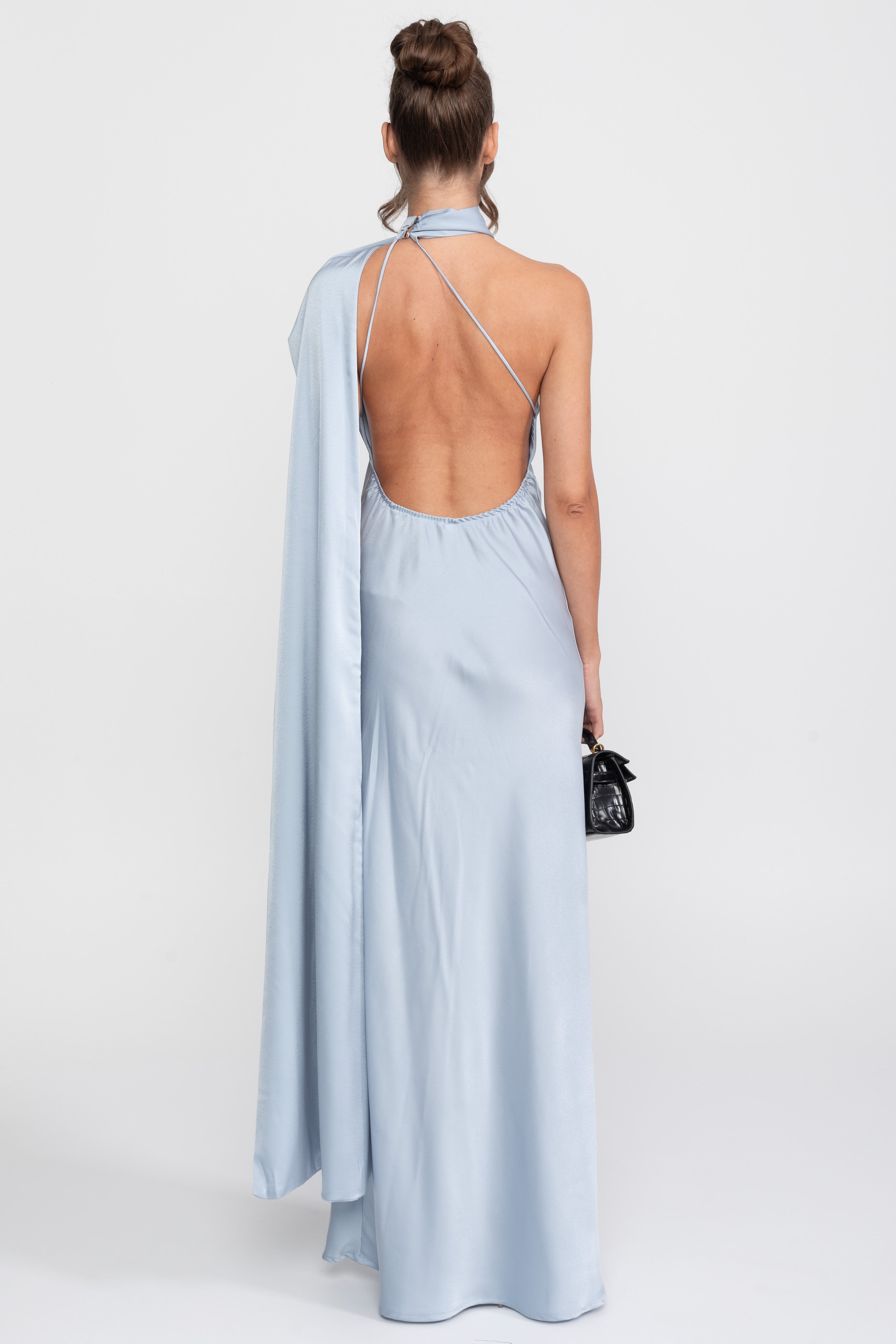 Rochie slip din satin, cu halter răsucit și decolteu asimetric - Albastru 