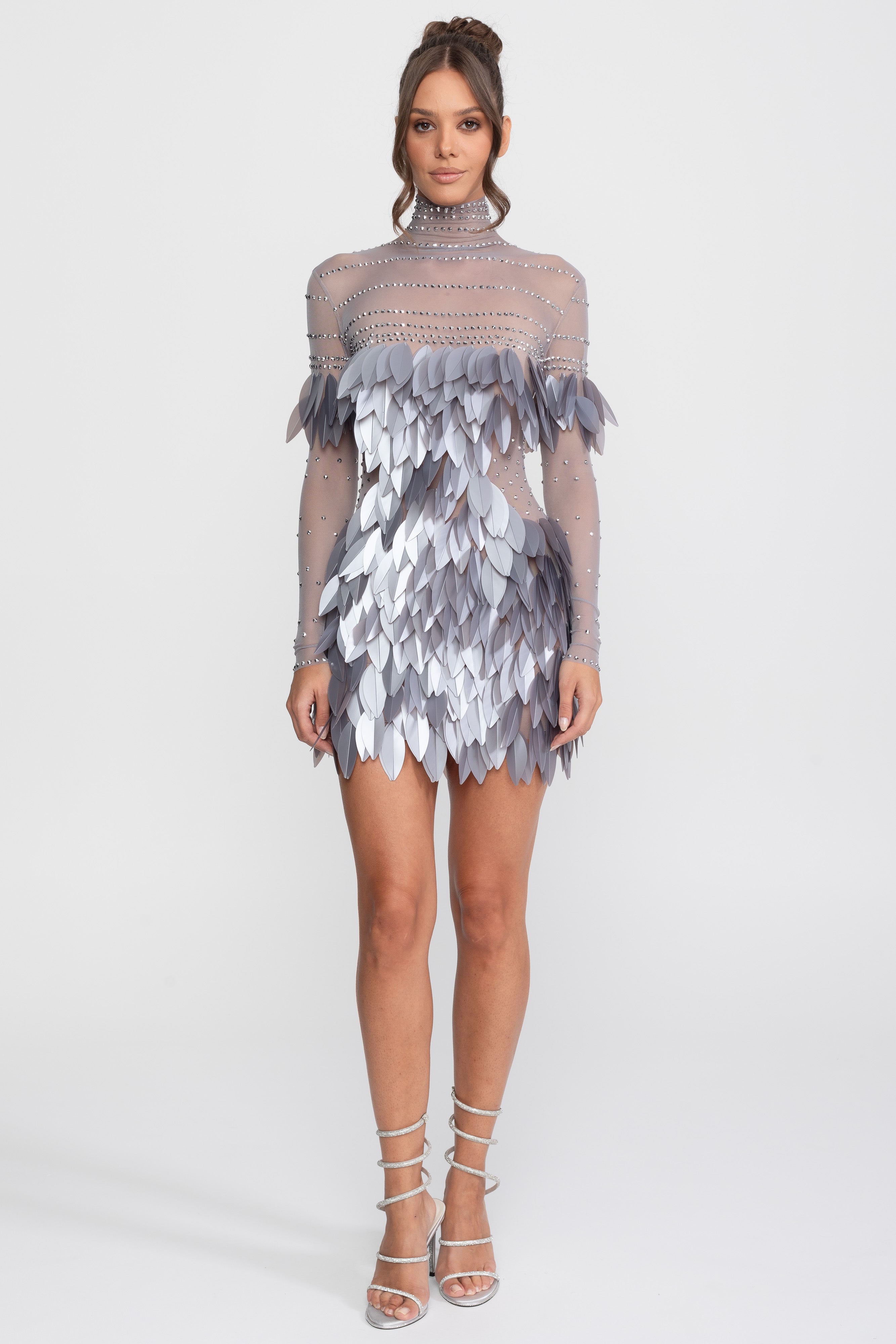 Sheer Mesh Feather-Panel Mini Dress With Crystal Neckline - Gray