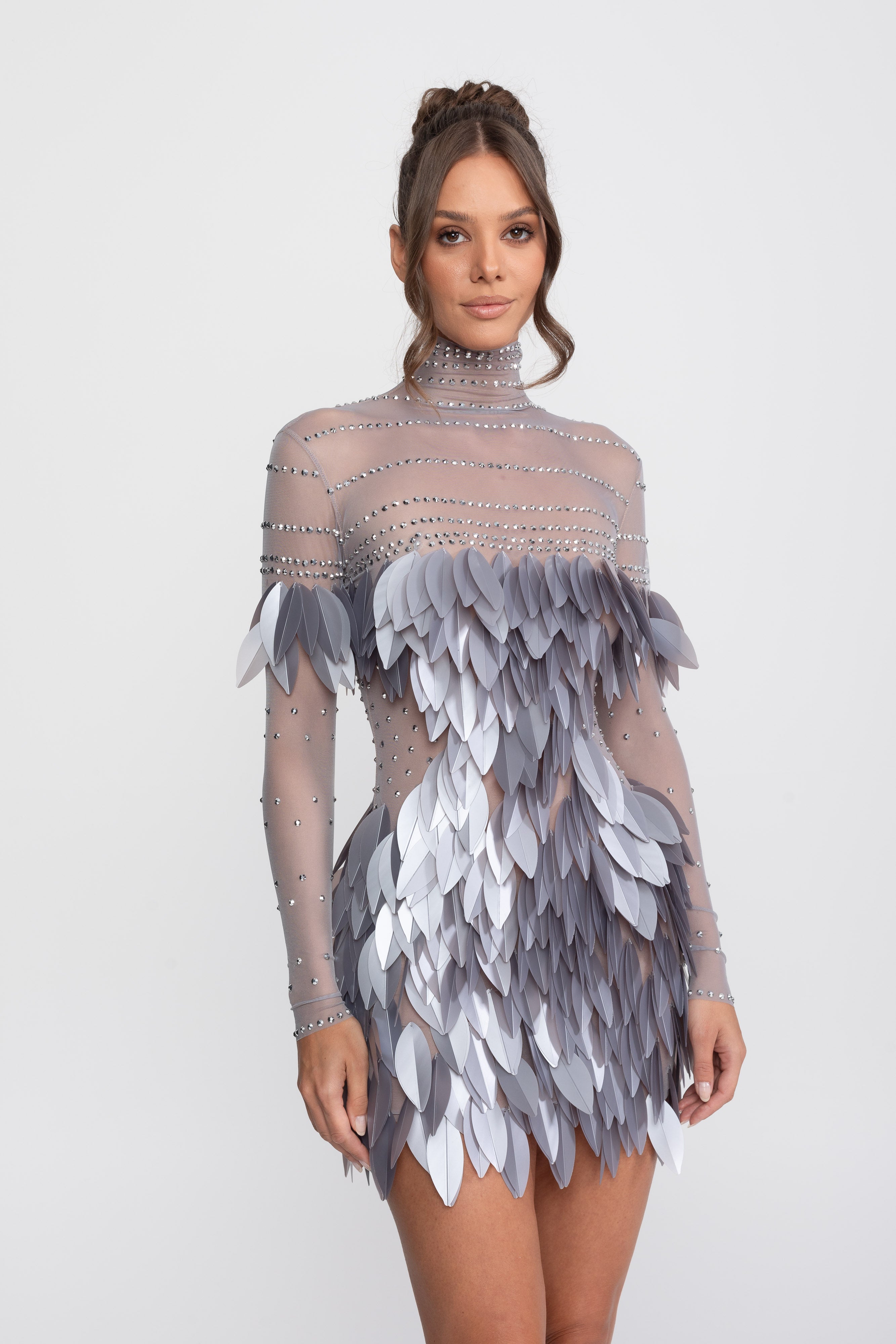 Sheer Mesh Feather-Panel Mini Dress With Crystal Neckline - Gray