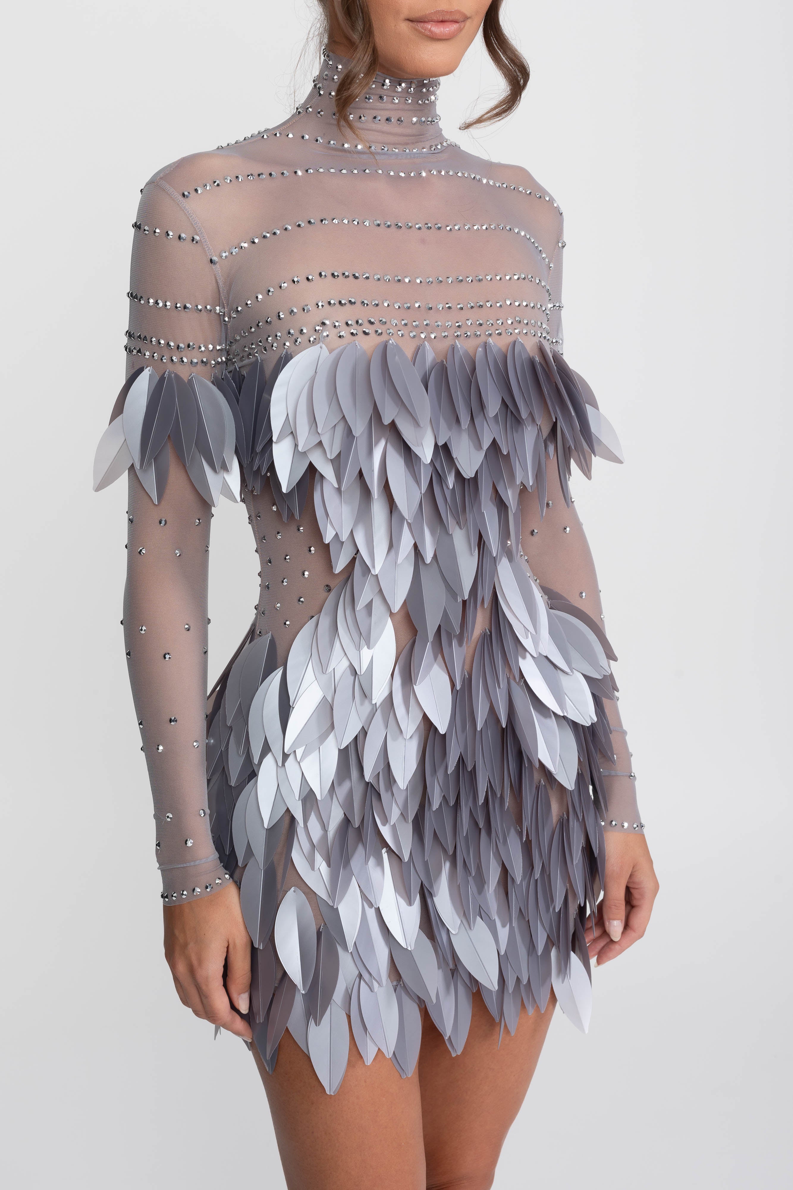 Sheer Mesh Feather-Panel Mini Dress With Crystal Neckline - Gray