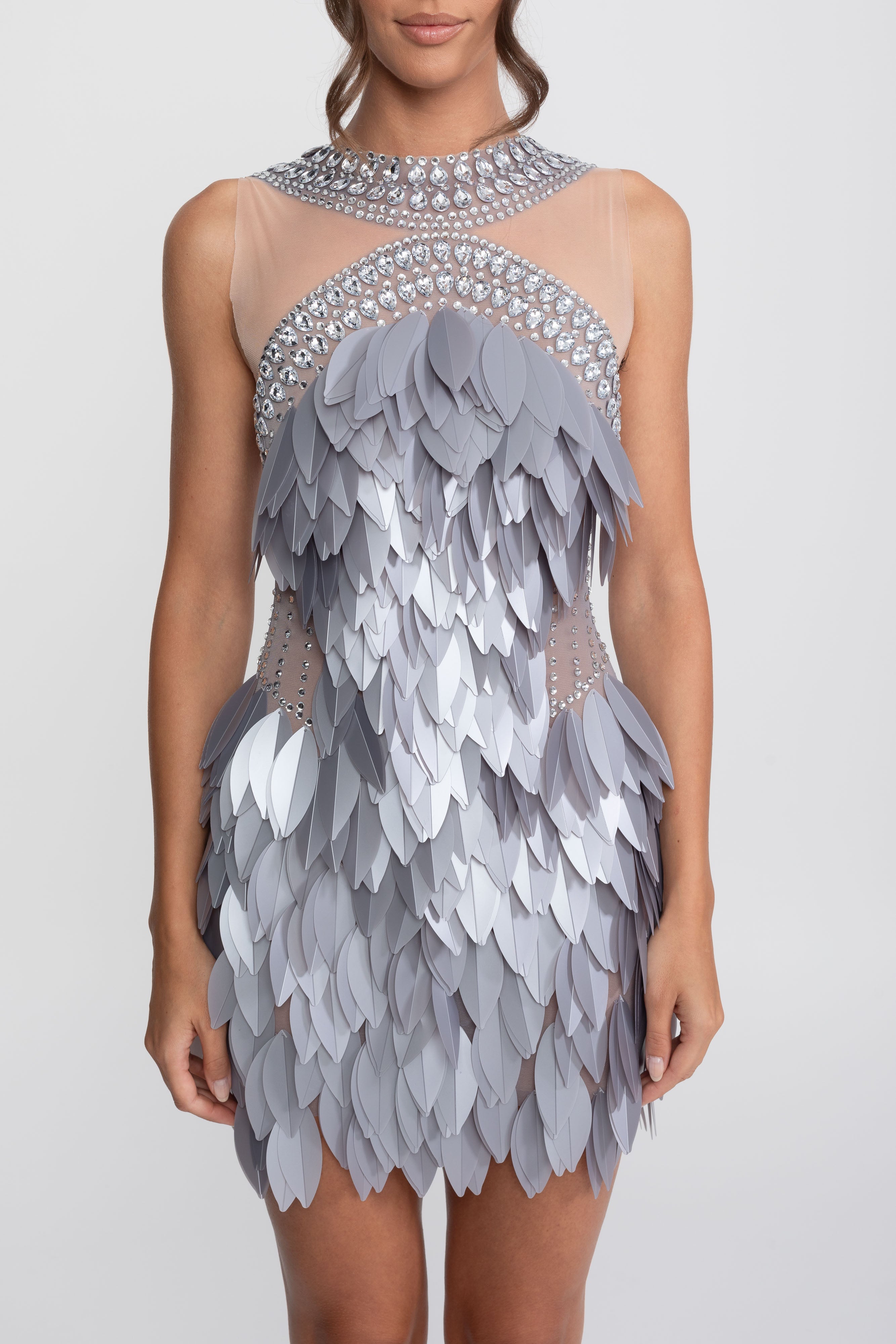 Sleeveless Sheer Mesh Feather-Panel Mini Dress With Crystals  - Gray