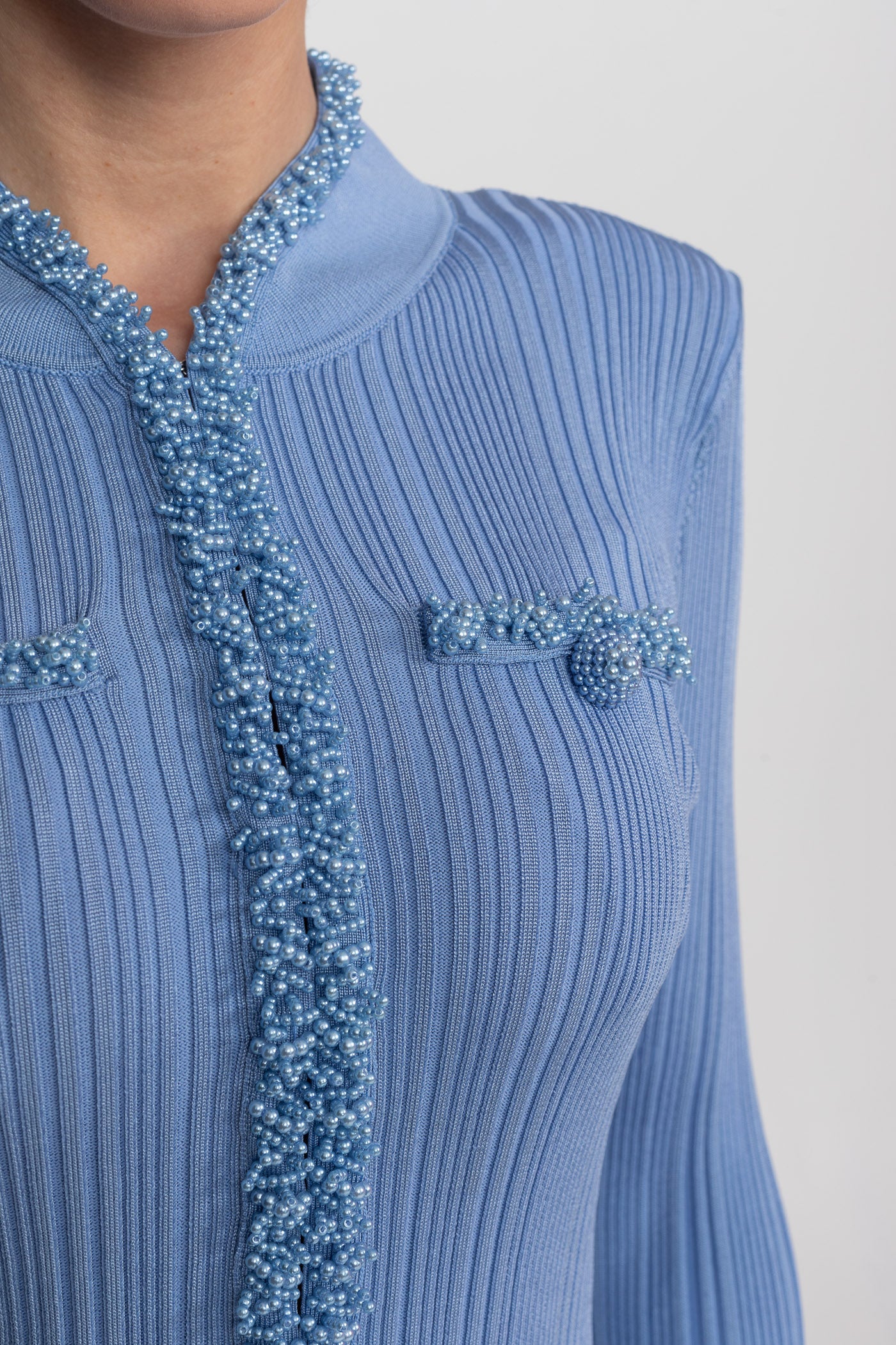 Rochie mini din tricot nervurat cu detalii de margelute - Blue 