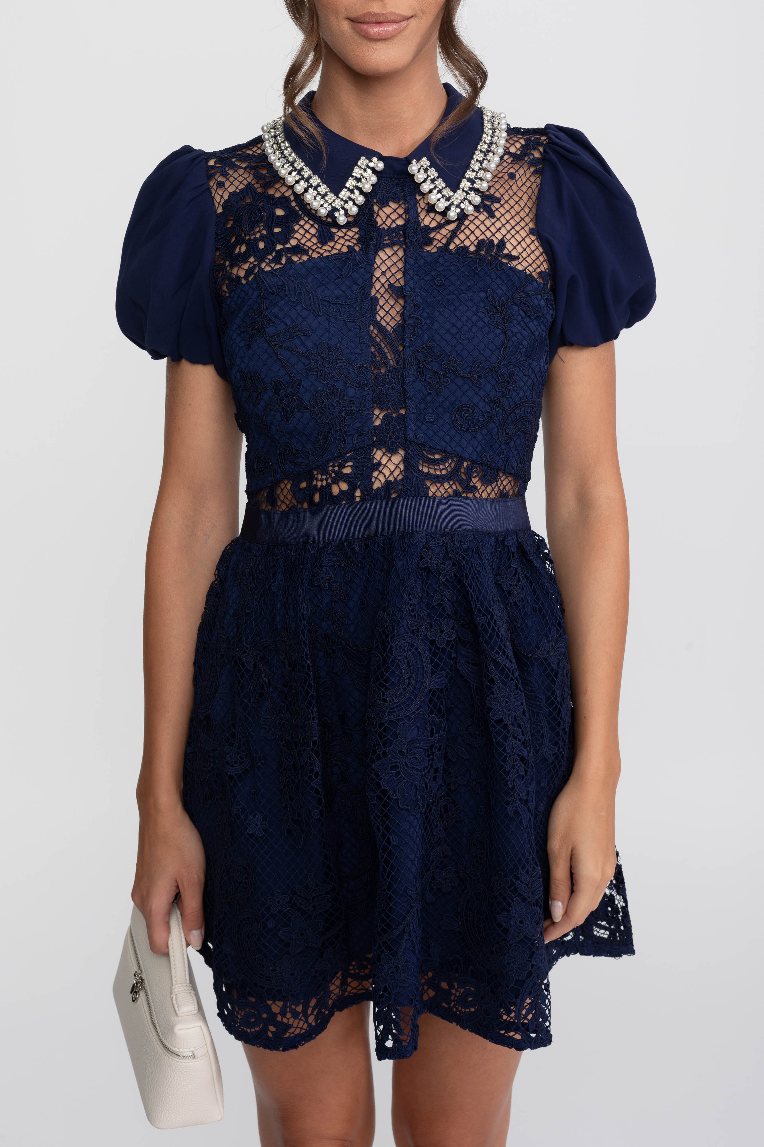 Rochie mini din dantelă cu mâneci bufante și guler cu perle - Navy 