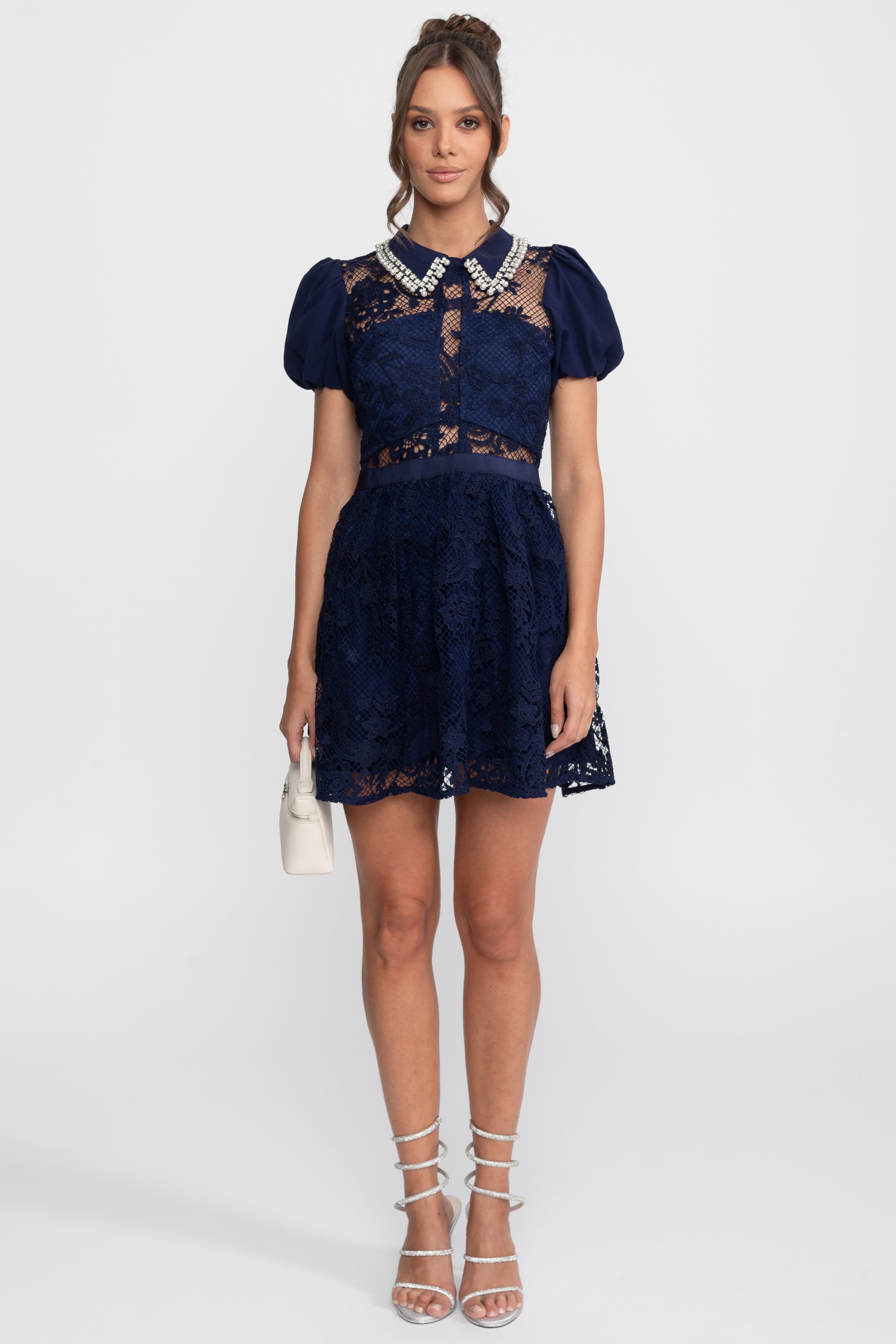 Rochie mini din dantelă cu mâneci bufante și guler cu perle - Navy 
