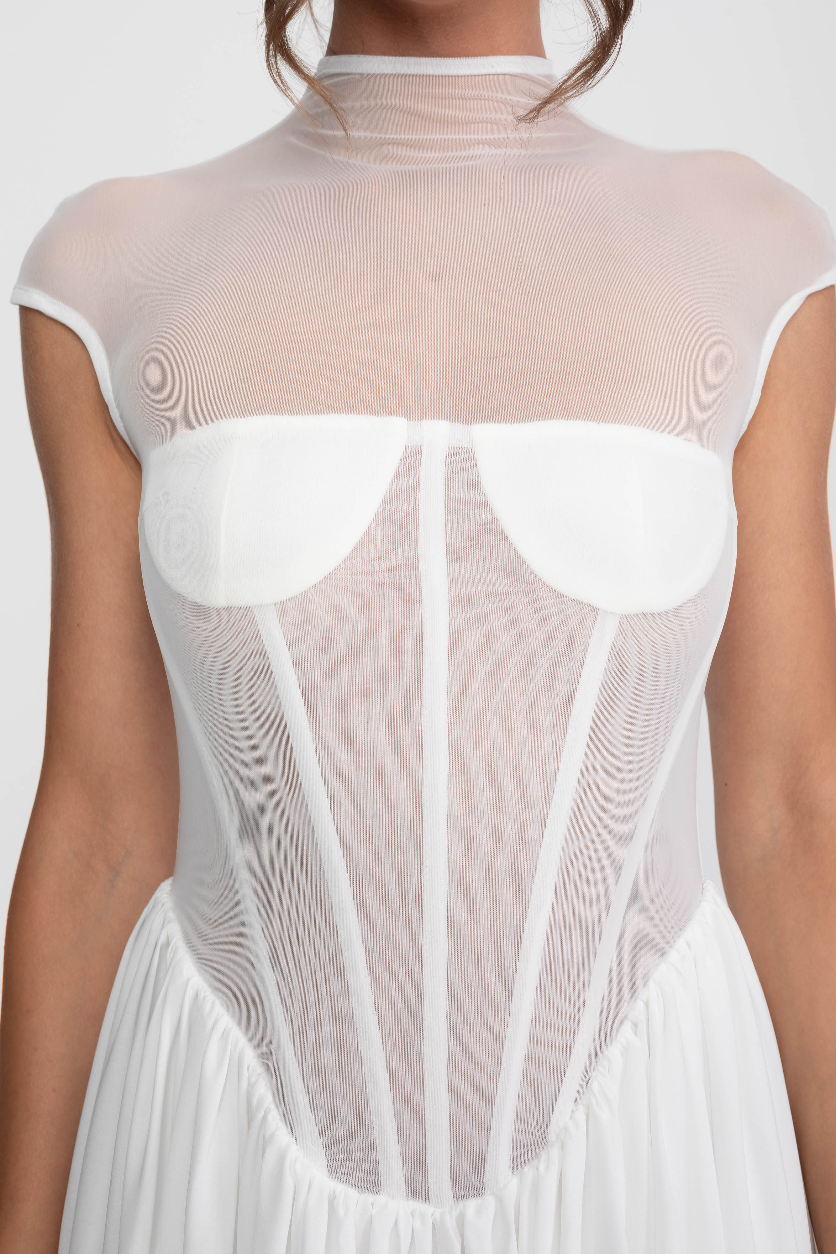 Sheer Corset Maxi Dress With Cap Sleeves - White