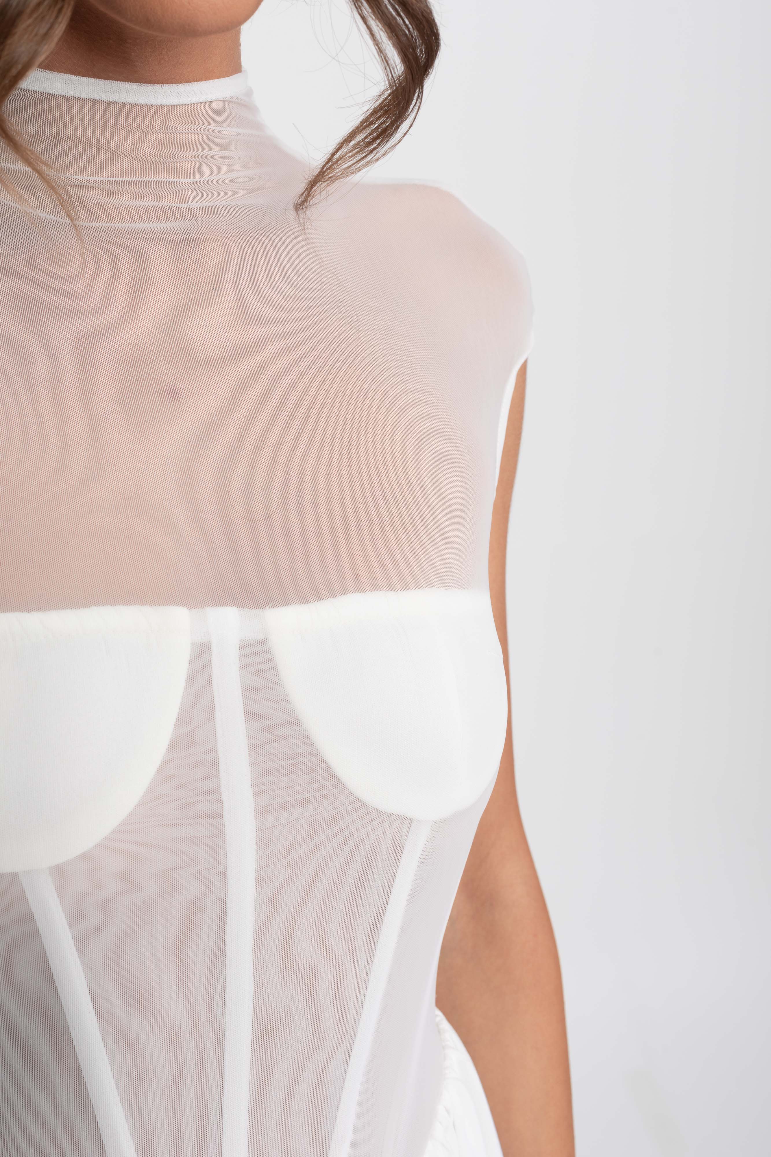 Sheer Corset Maxi Dress With Cap Sleeves - White
