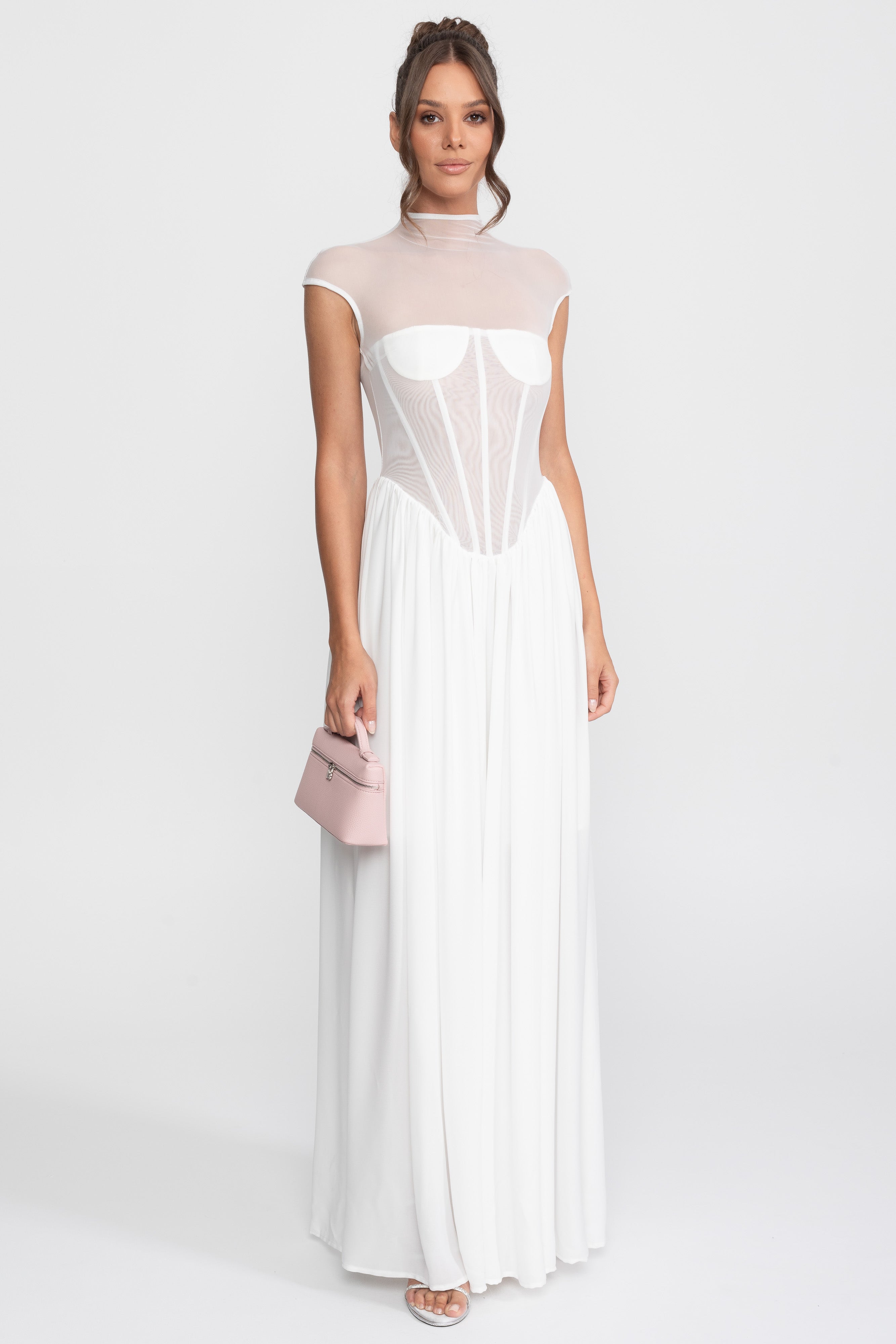 Sheer Corset Maxi Dress With Cap Sleeves - White