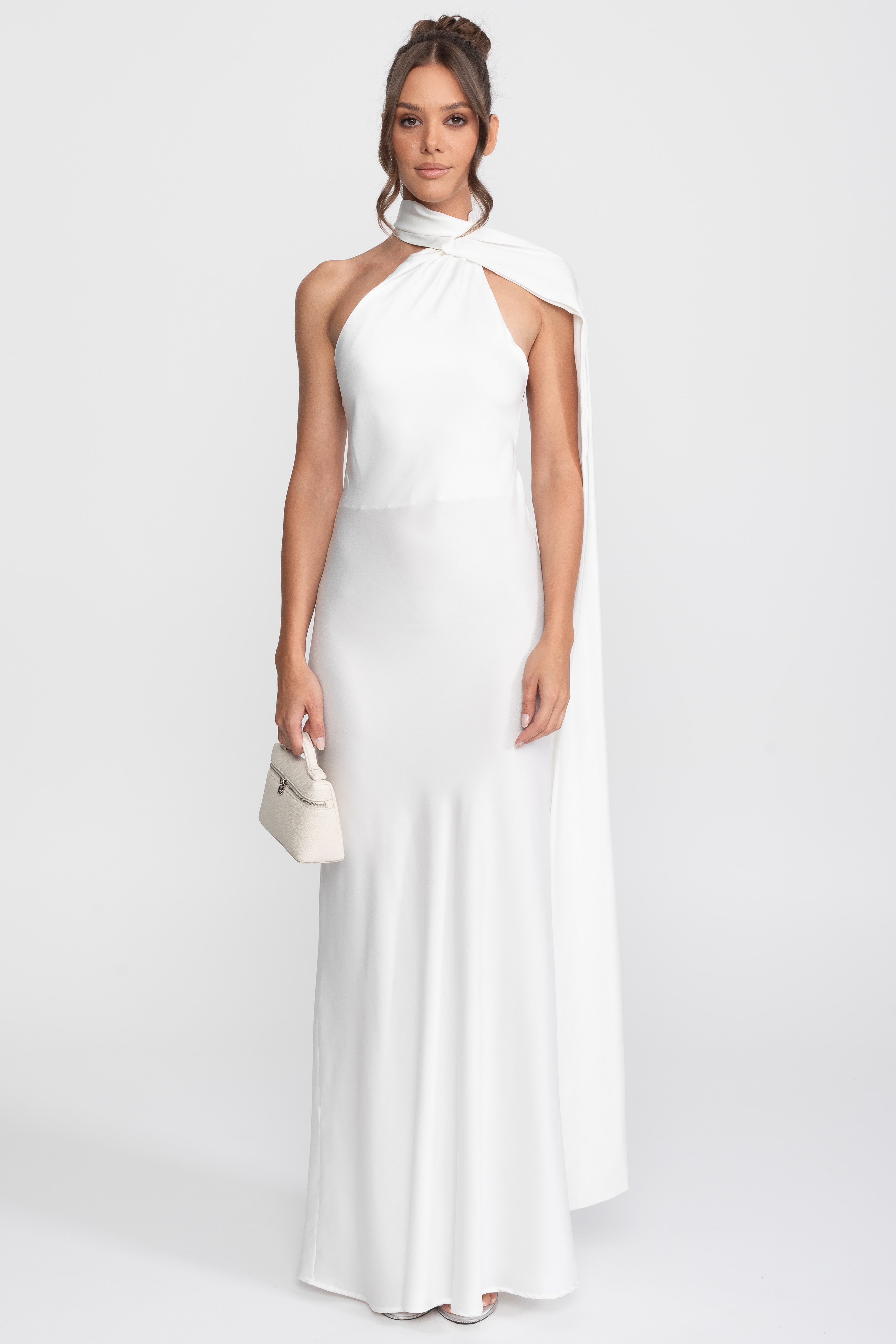Rochie slip din satin cu halter răsucit și decolteu asimetric - Alb 