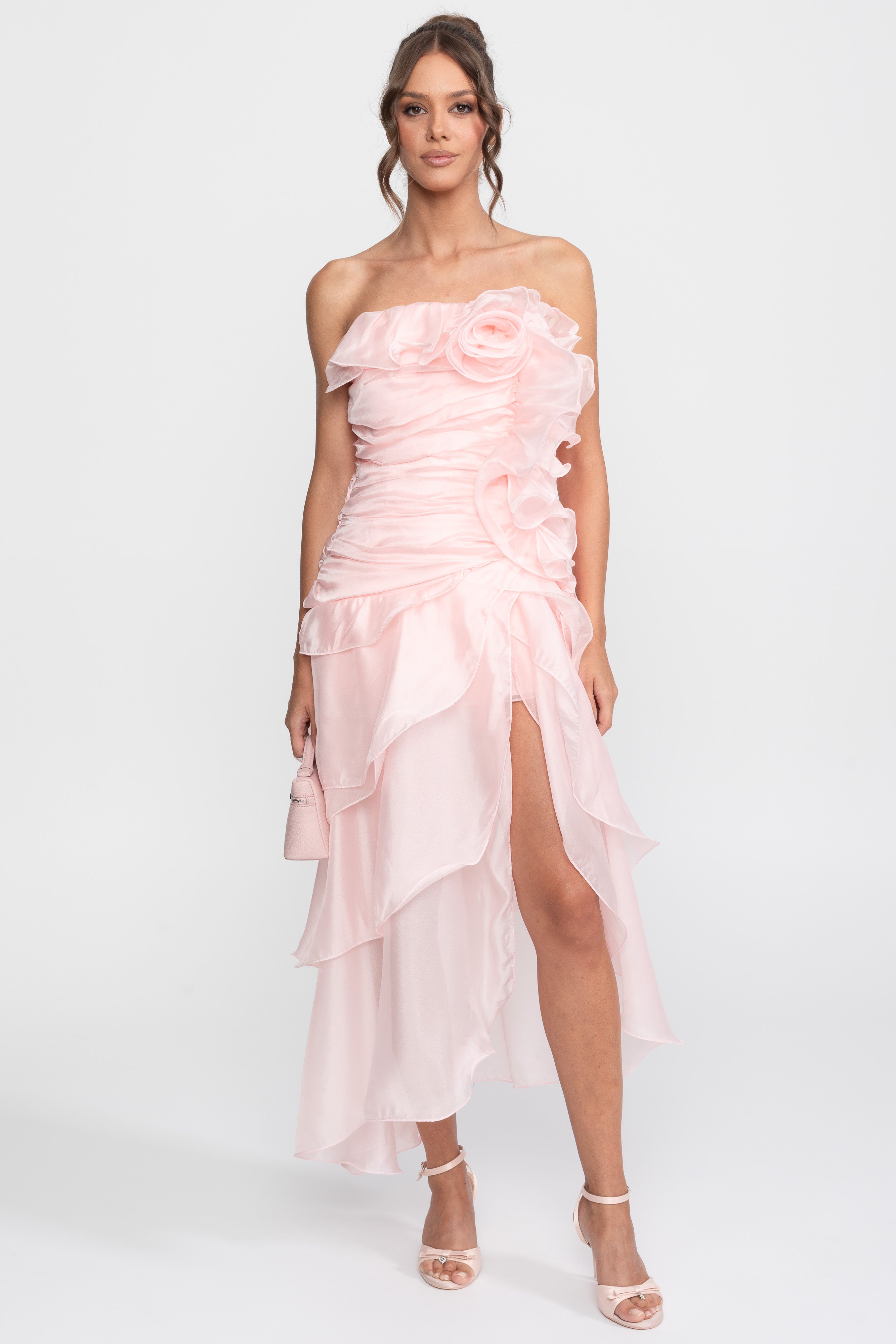 Rochie fără bretele Rosette Petal, cu aplicații florale 3D - Roz 