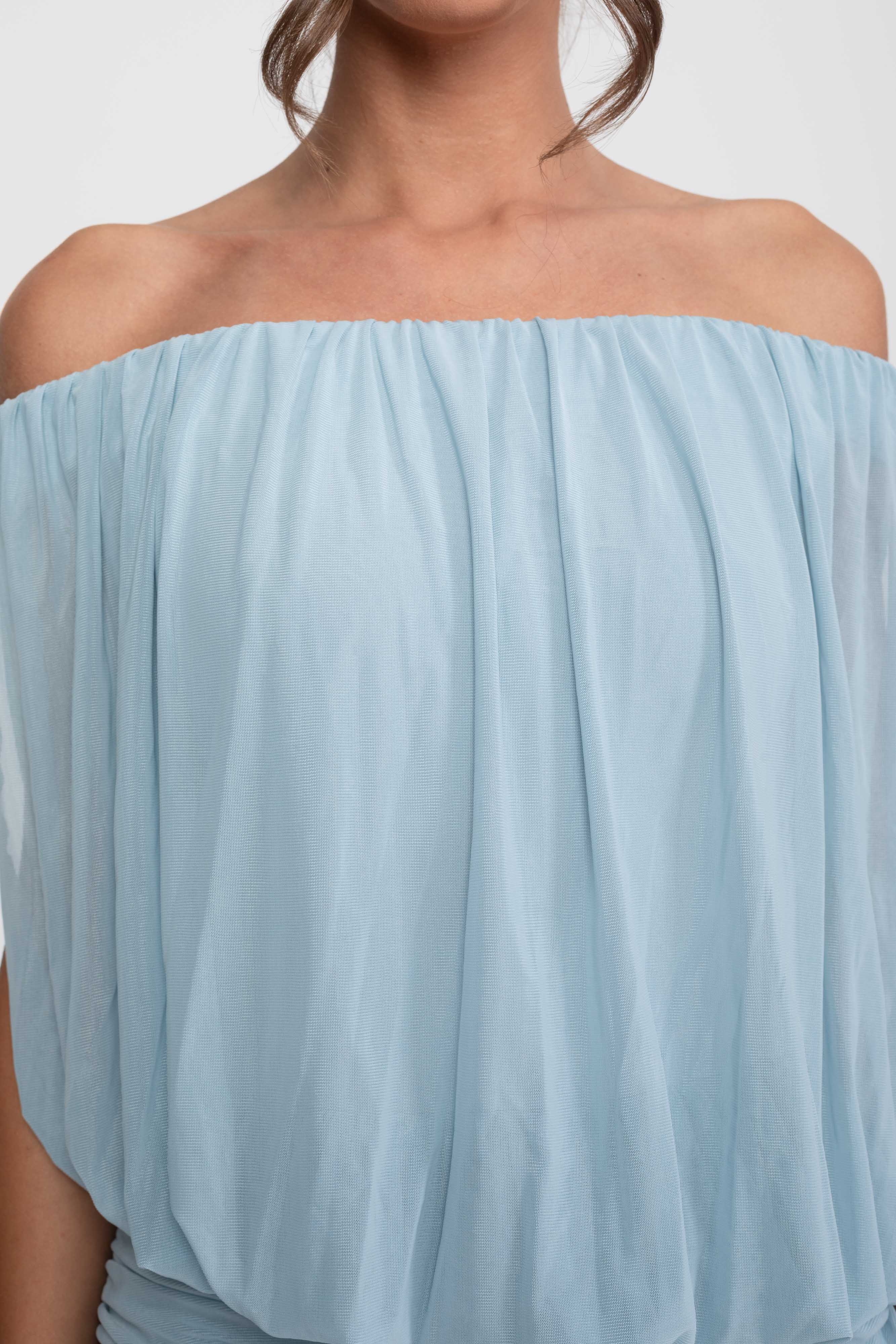 Off-Shoulder Ruched Wrap Mini Dress With Tie Waist - Light Blue