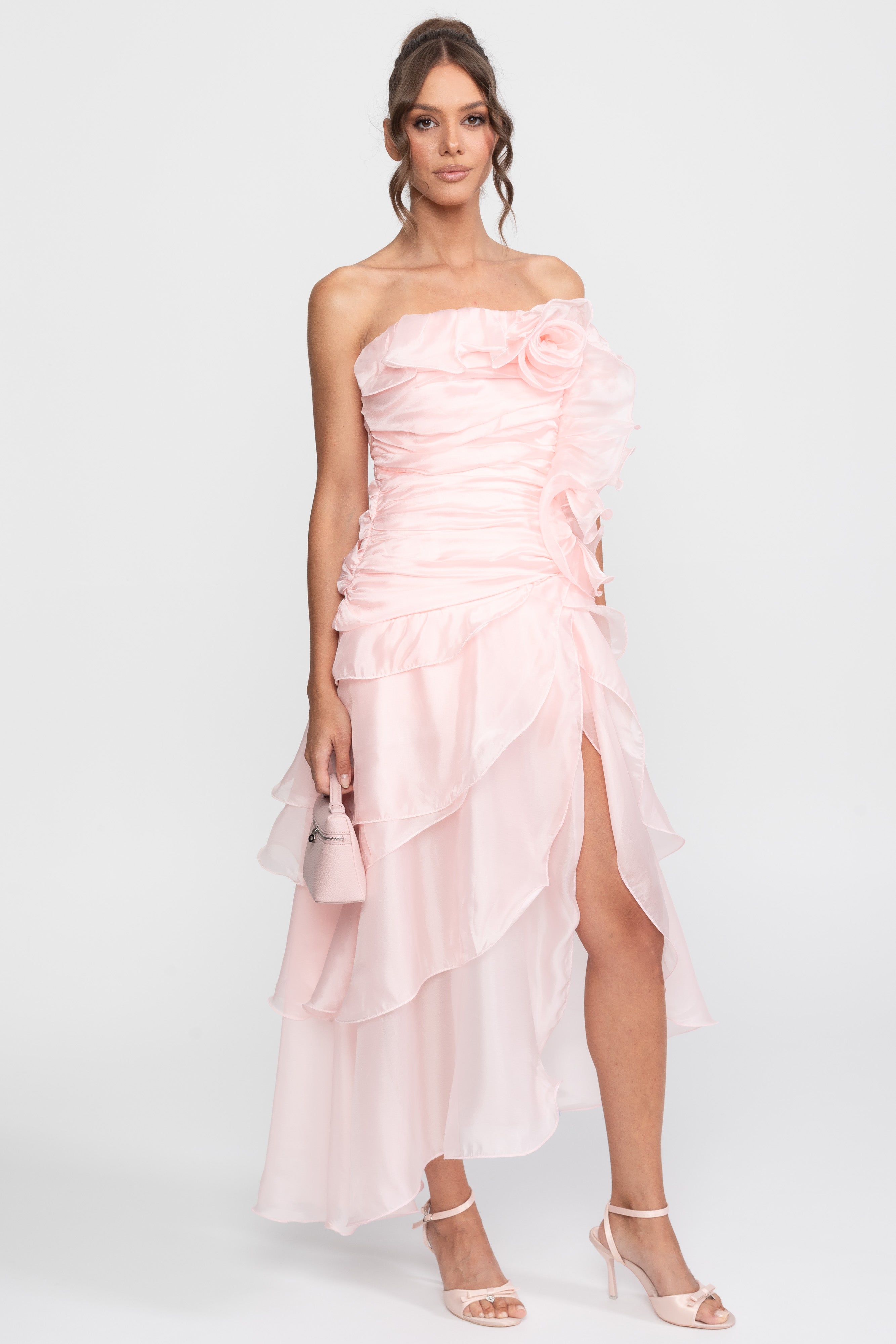Rochie fără bretele Rosette Petal, cu aplicații florale 3D - Roz 