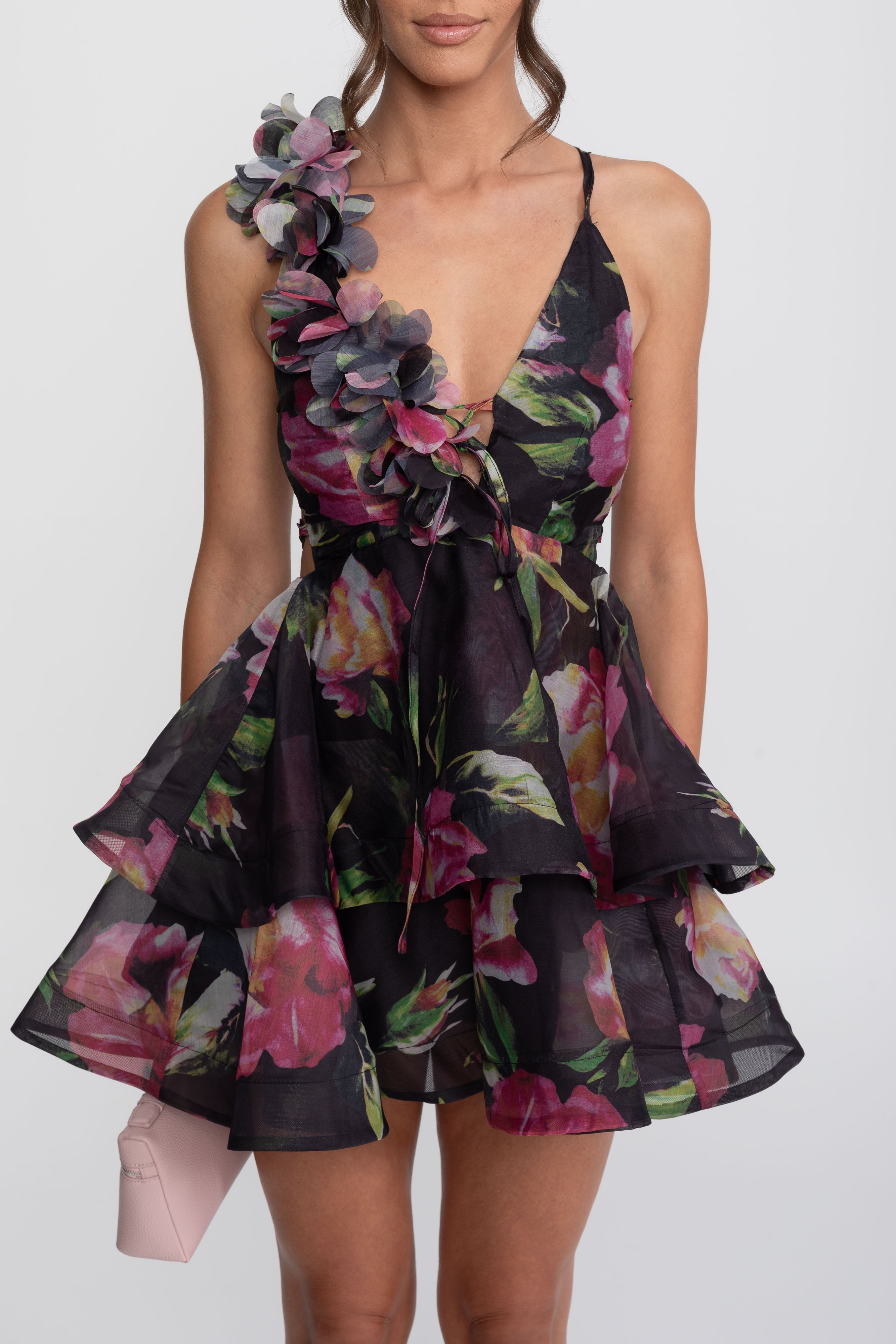 Floral Print Tiered Mini Dress With Ruffled Shoulder Strap - Black