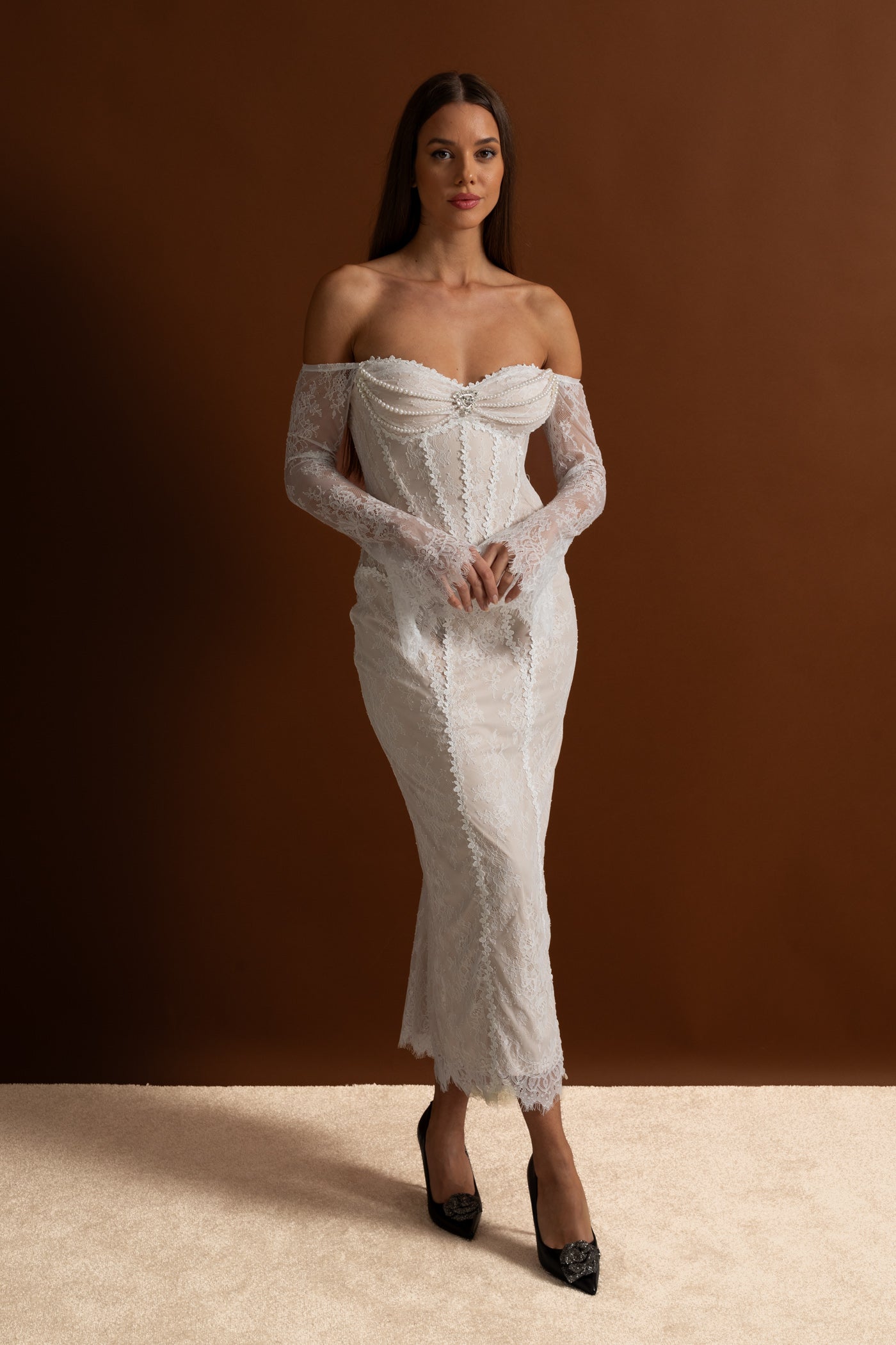 Off-Shoulder Lace Midi Dress with Pearl-Trimmed Bustier - Ivoire
