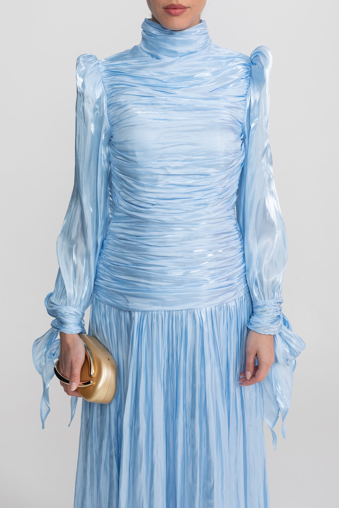 Rochie maxi cu mâneci lungi drapate și fustă plisată - Sky Blue 