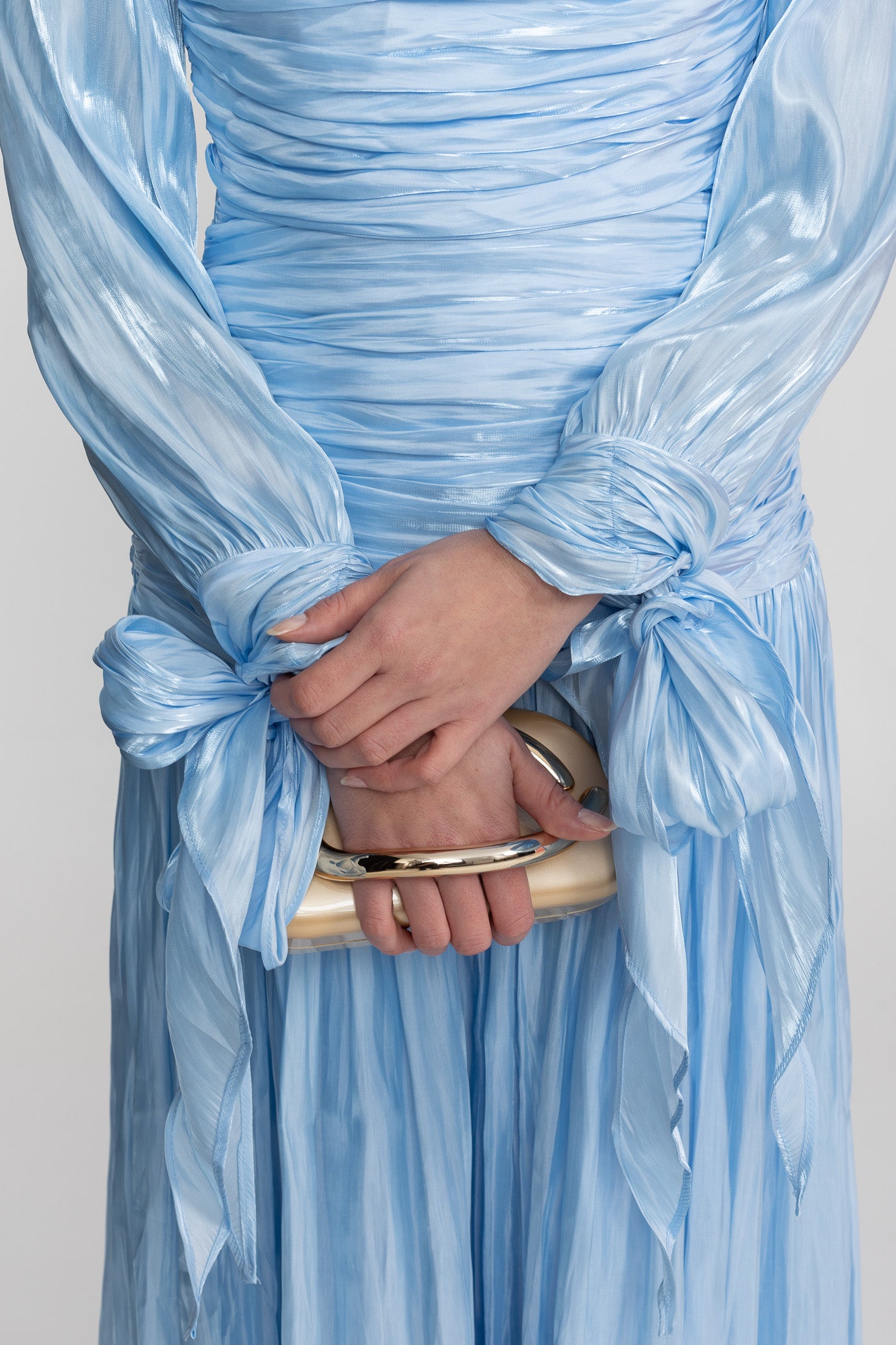 Rochie maxi cu mâneci lungi drapate și fustă plisată - Sky Blue 