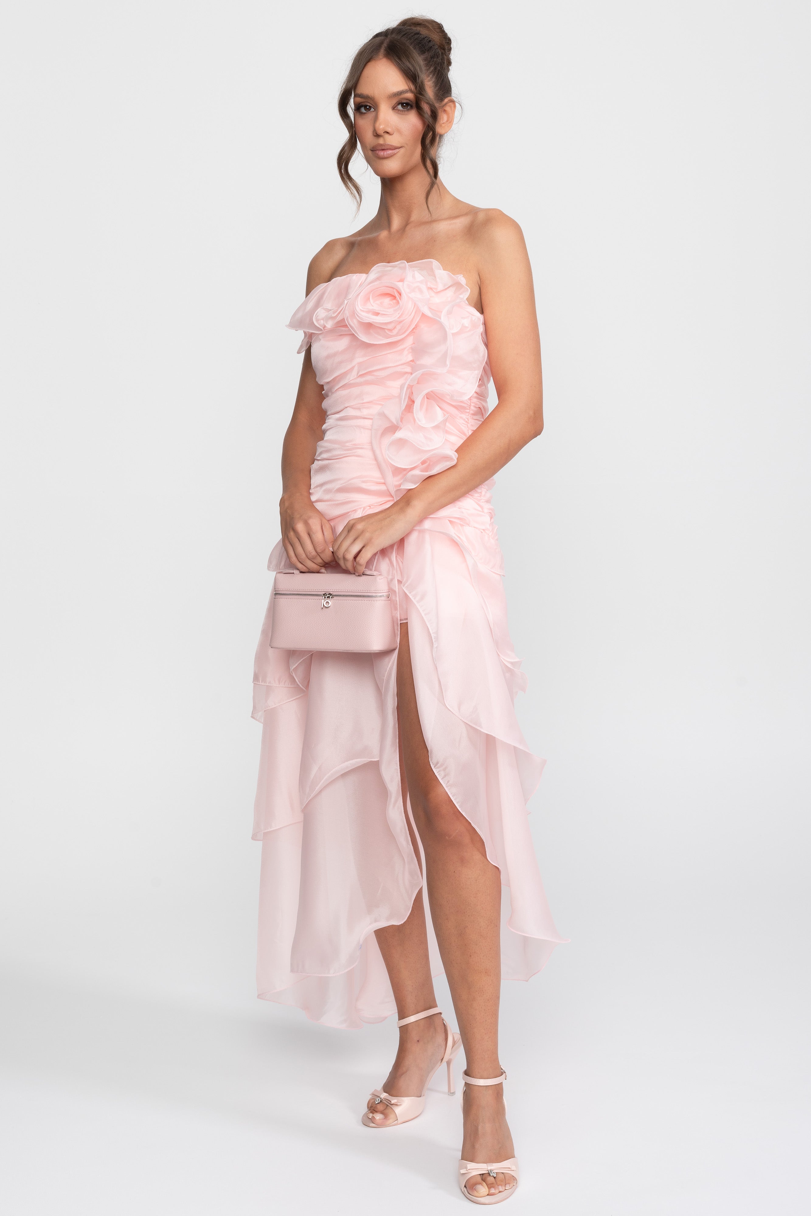 Rochie fără bretele Rosette Petal, cu aplicații florale 3D - Roz 
