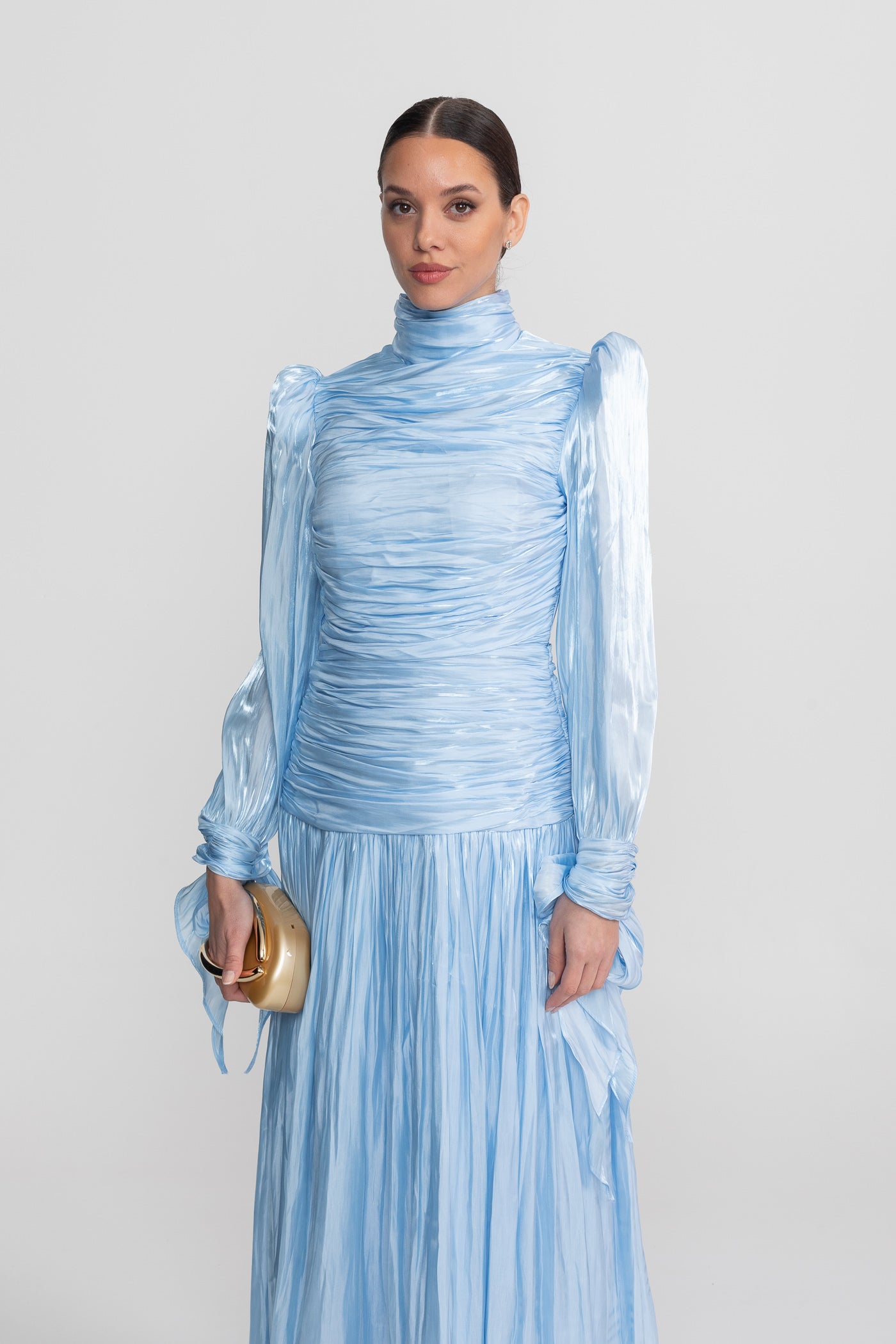 Rochie maxi cu mâneci lungi drapate și fustă plisată - Sky Blue 