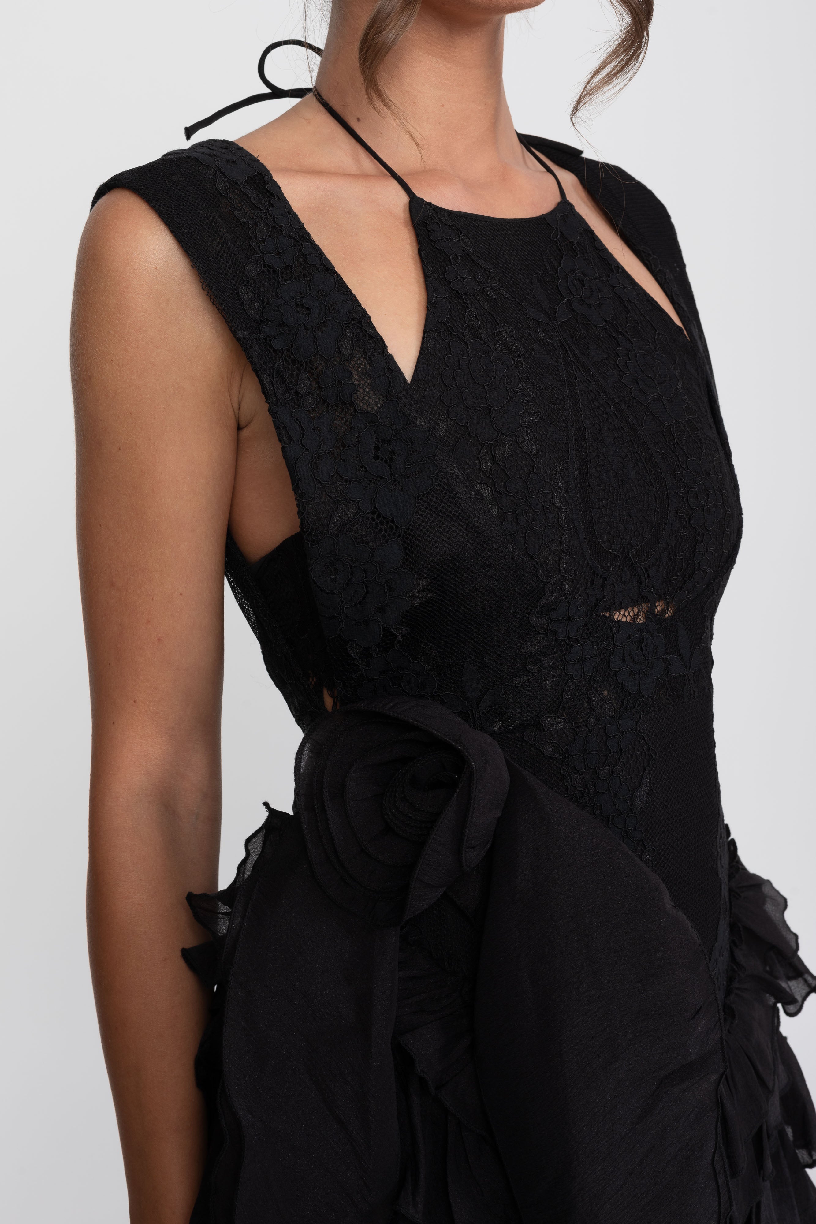 Lace Halter Rosette Mini Dress With Ruffle Skirt - Black