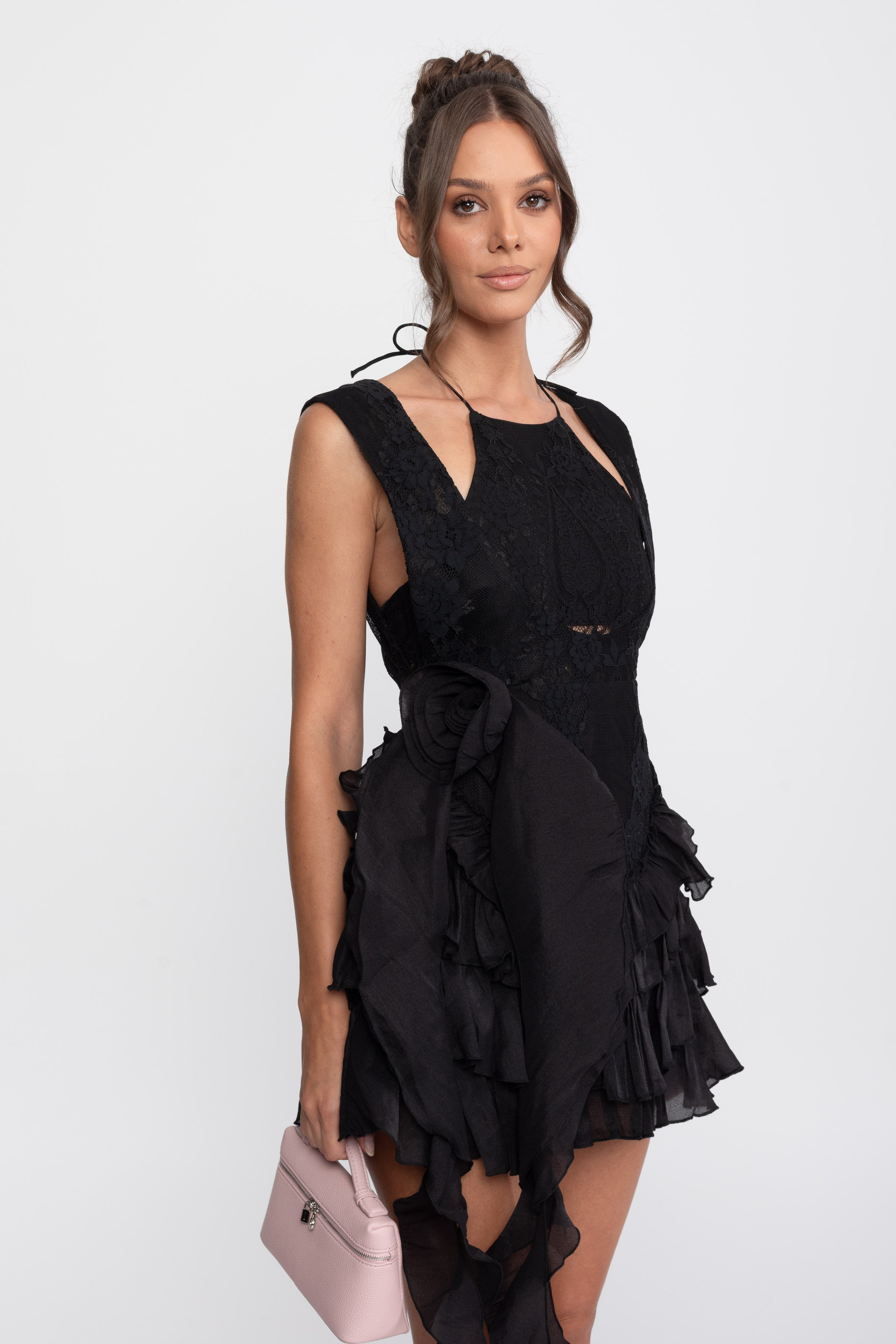 Lace Halter Rosette Mini Dress With Ruffle Skirt - Black