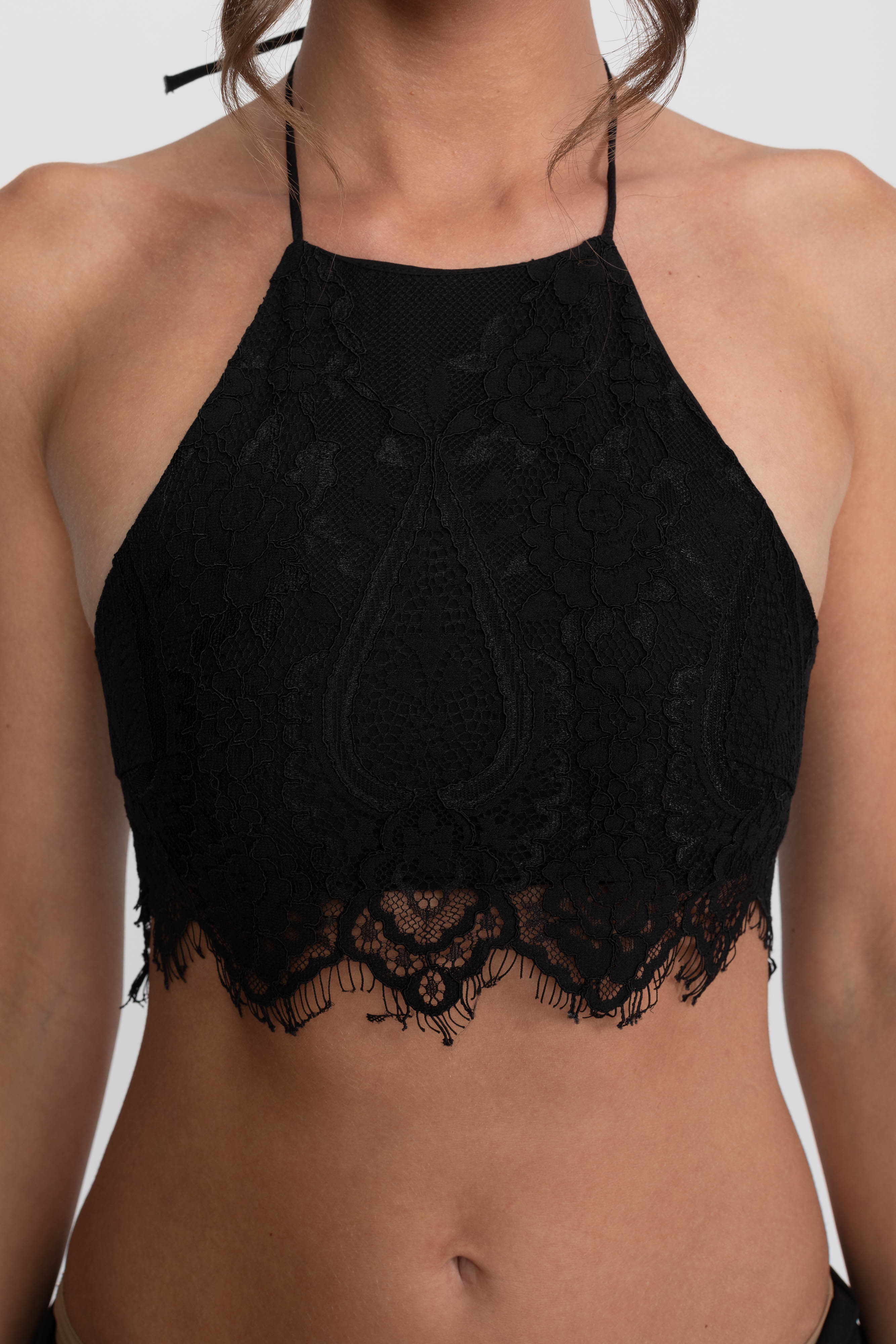Lace Halter Rosette Mini Dress With Ruffle Skirt - Black