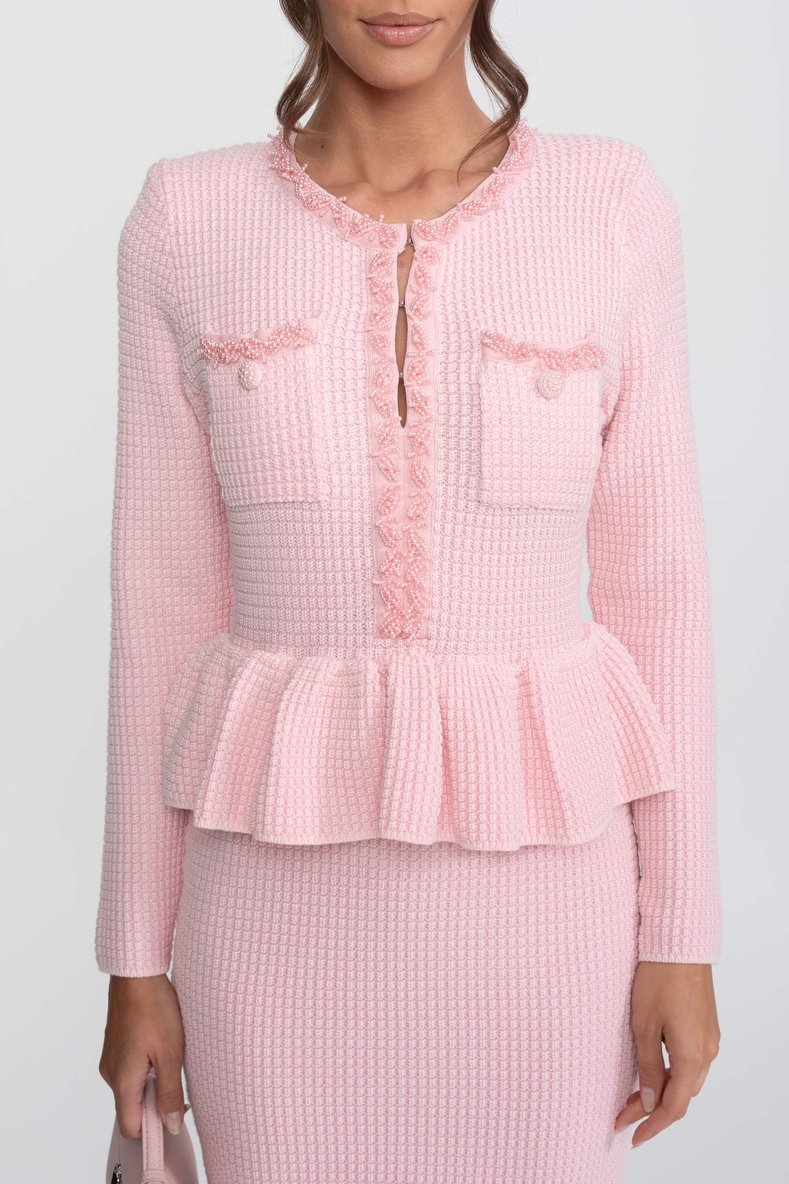 Rochie tricotată Peplum cu garnitură cu franjuri și buzunare frontale la piept - Roz 