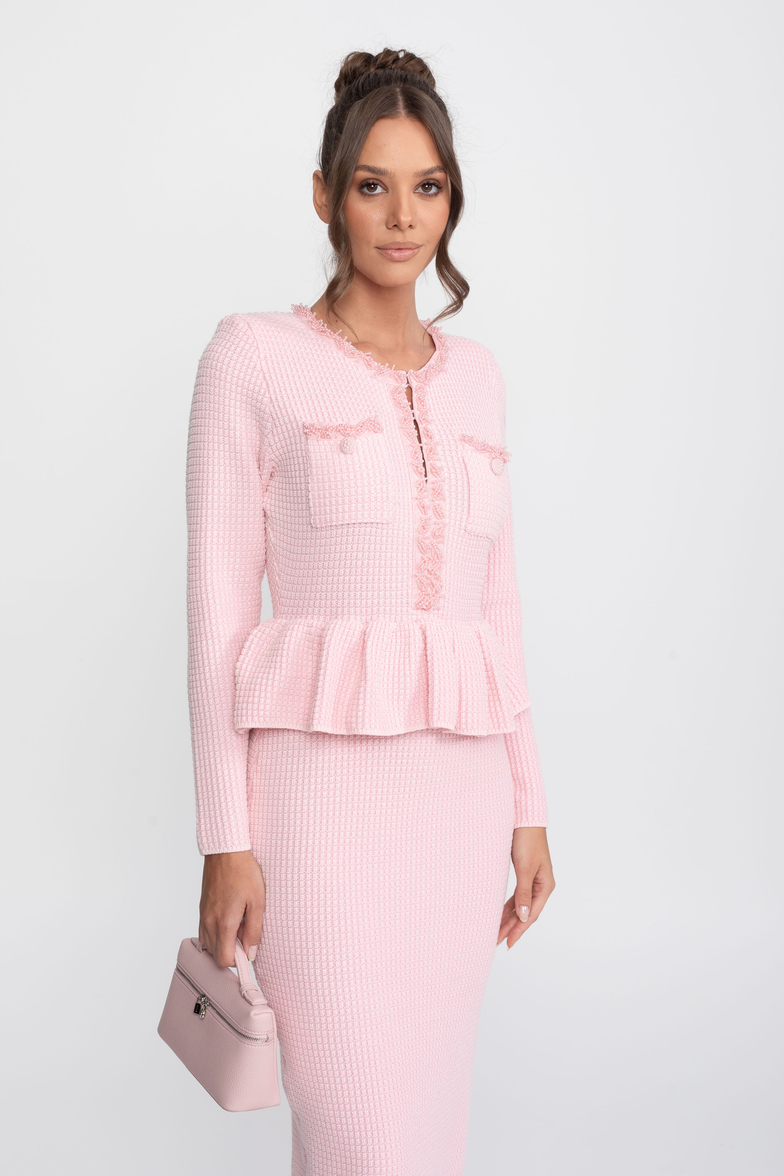Rochie tricotată Peplum cu garnitură cu franjuri și buzunare frontale la piept - Roz 