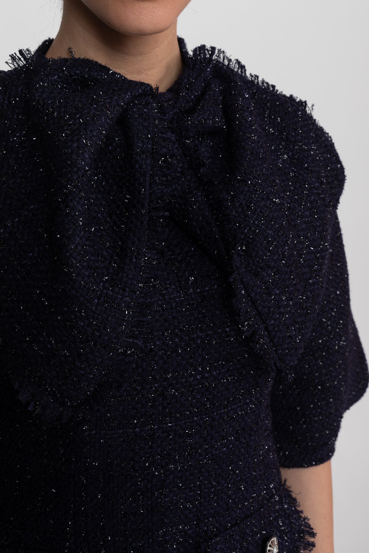 Tweed Midi Dress With Oversized Bow Neck Detail - Navy