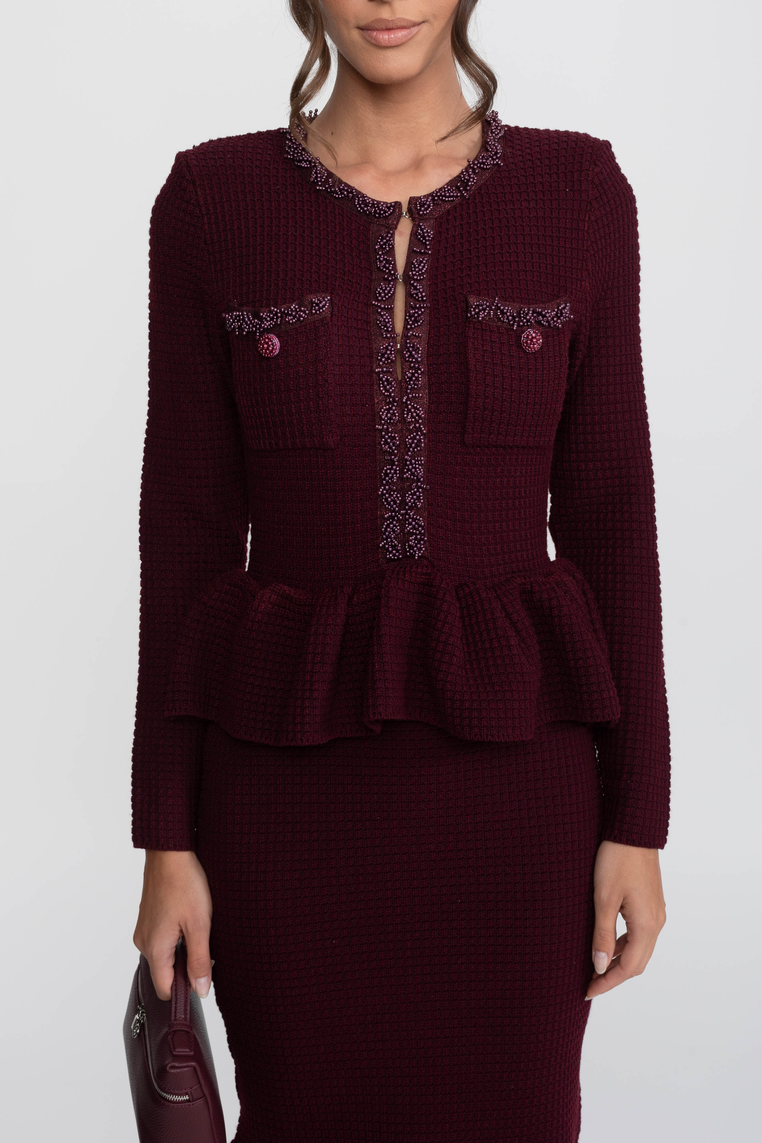 Rochie tricotată peplum cu finisaj fringe și buzunare frontale la piept - Burgundy 