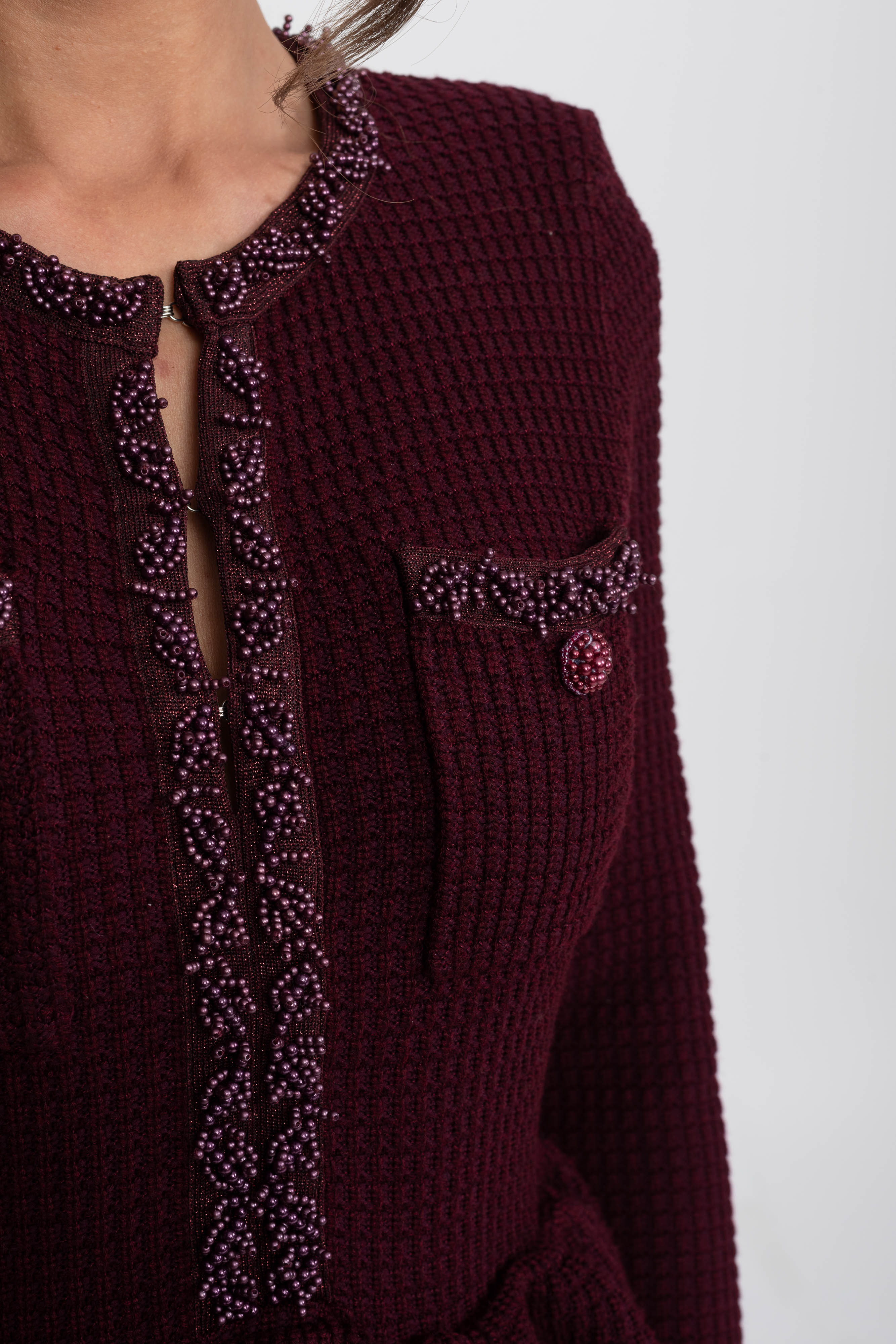 Rochie tricotată peplum cu finisaj fringe și buzunare frontale la piept - Burgundy 