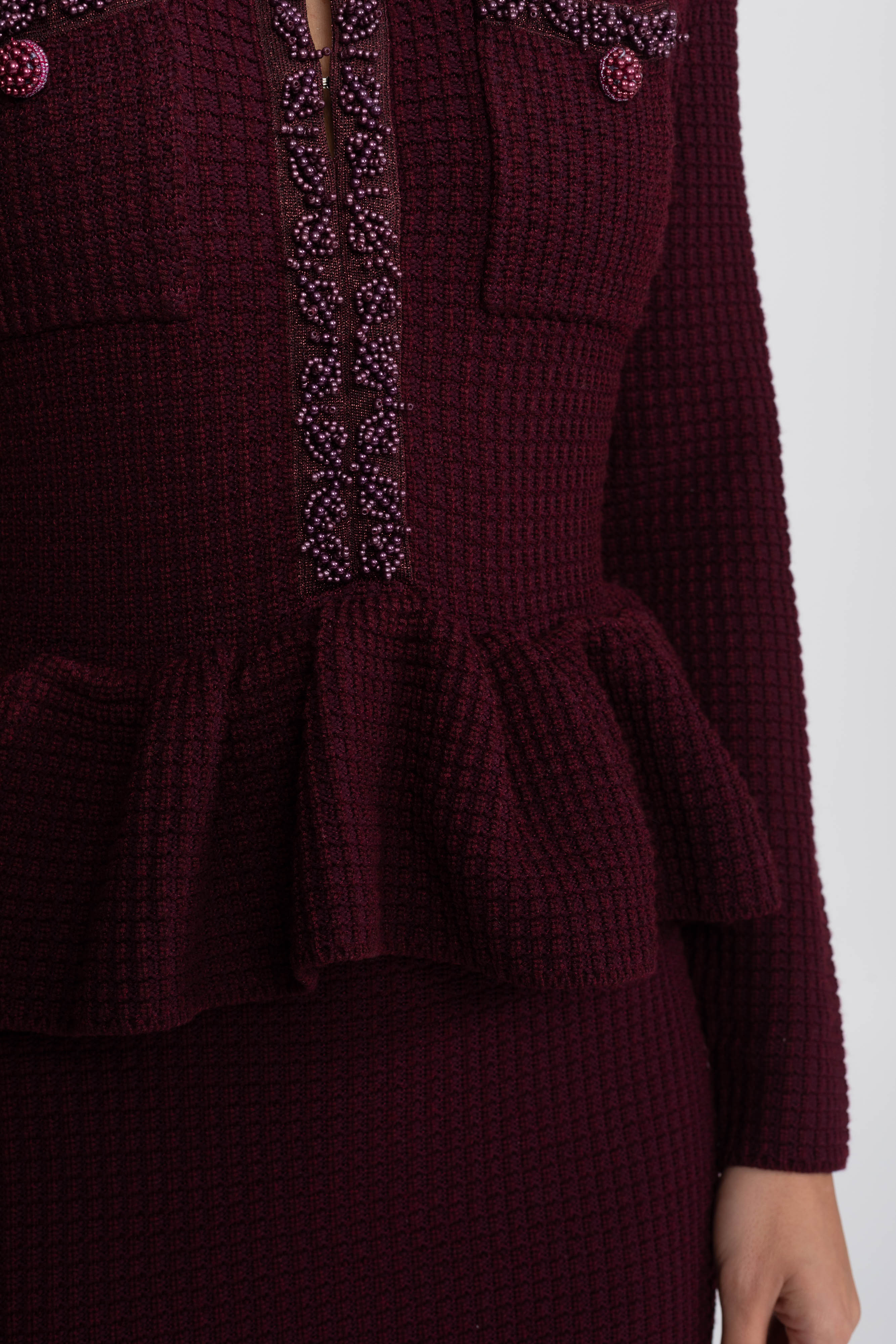 Rochie tricotată peplum cu finisaj fringe și buzunare frontale la piept - Burgundy 