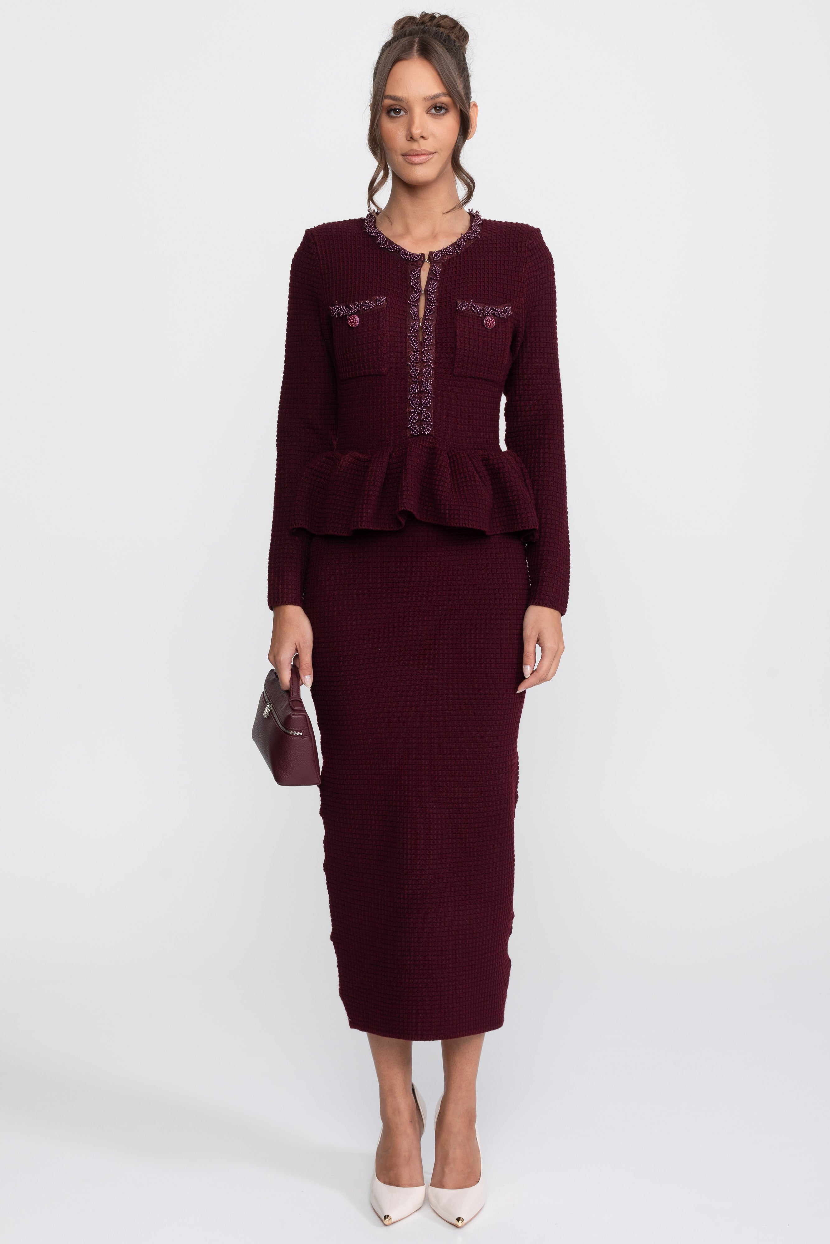 Rochie tricotată peplum cu finisaj fringe și buzunare frontale la piept - Burgundy 
