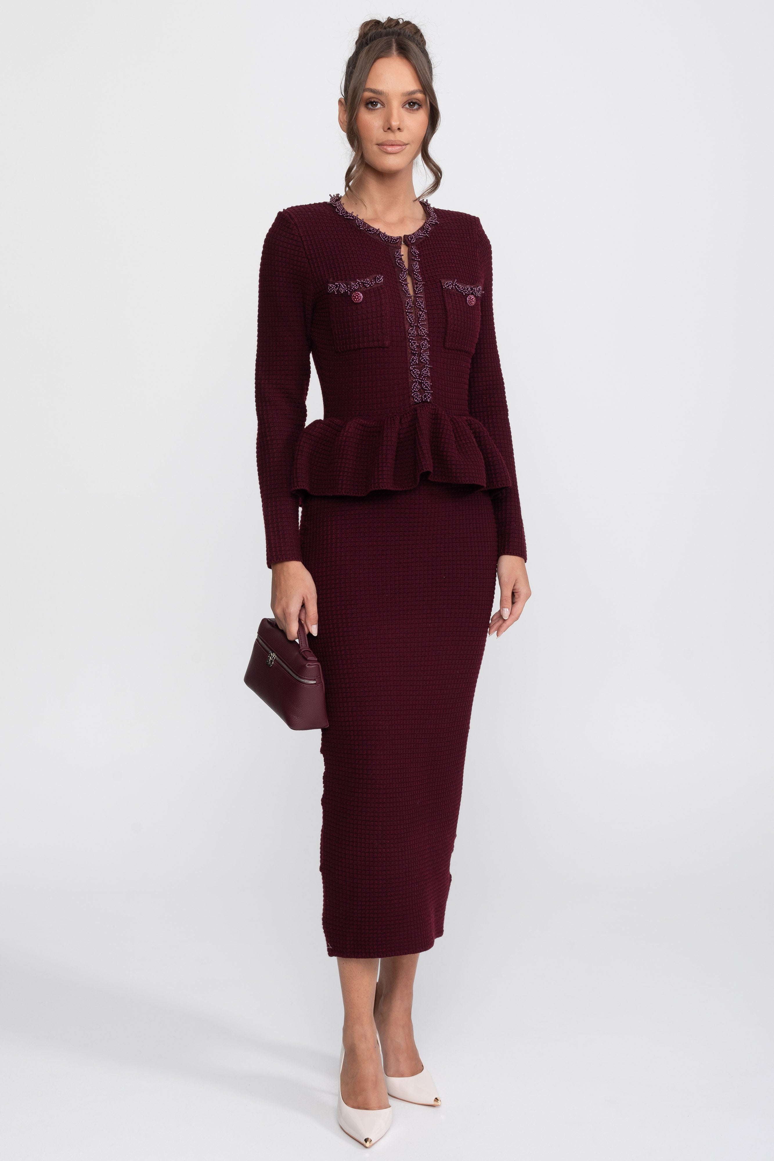 Rochie tricotată peplum cu finisaj fringe și buzunare frontale la piept - Burgundy 