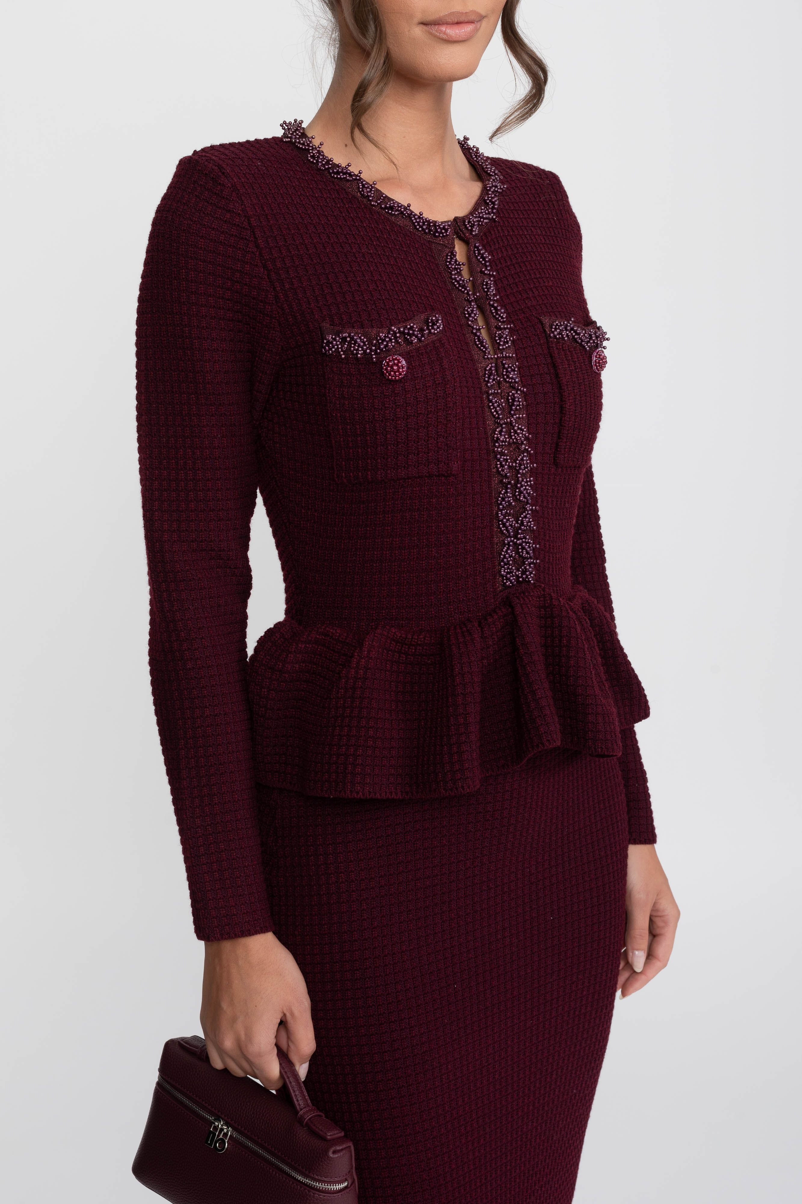 Rochie tricotată peplum cu finisaj fringe și buzunare frontale la piept - Burgundy 