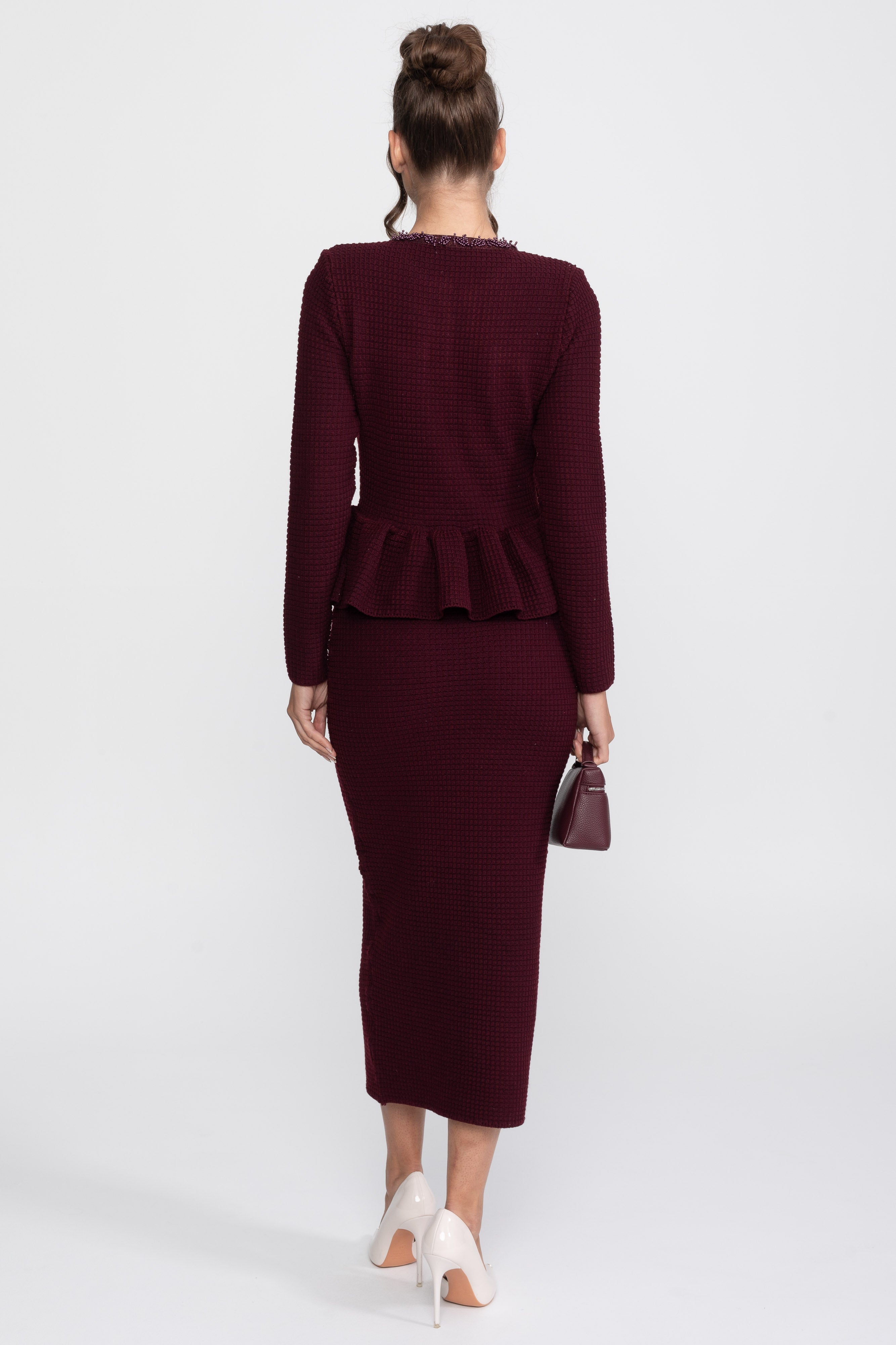Rochie tricotată peplum cu finisaj fringe și buzunare frontale la piept - Burgundy 