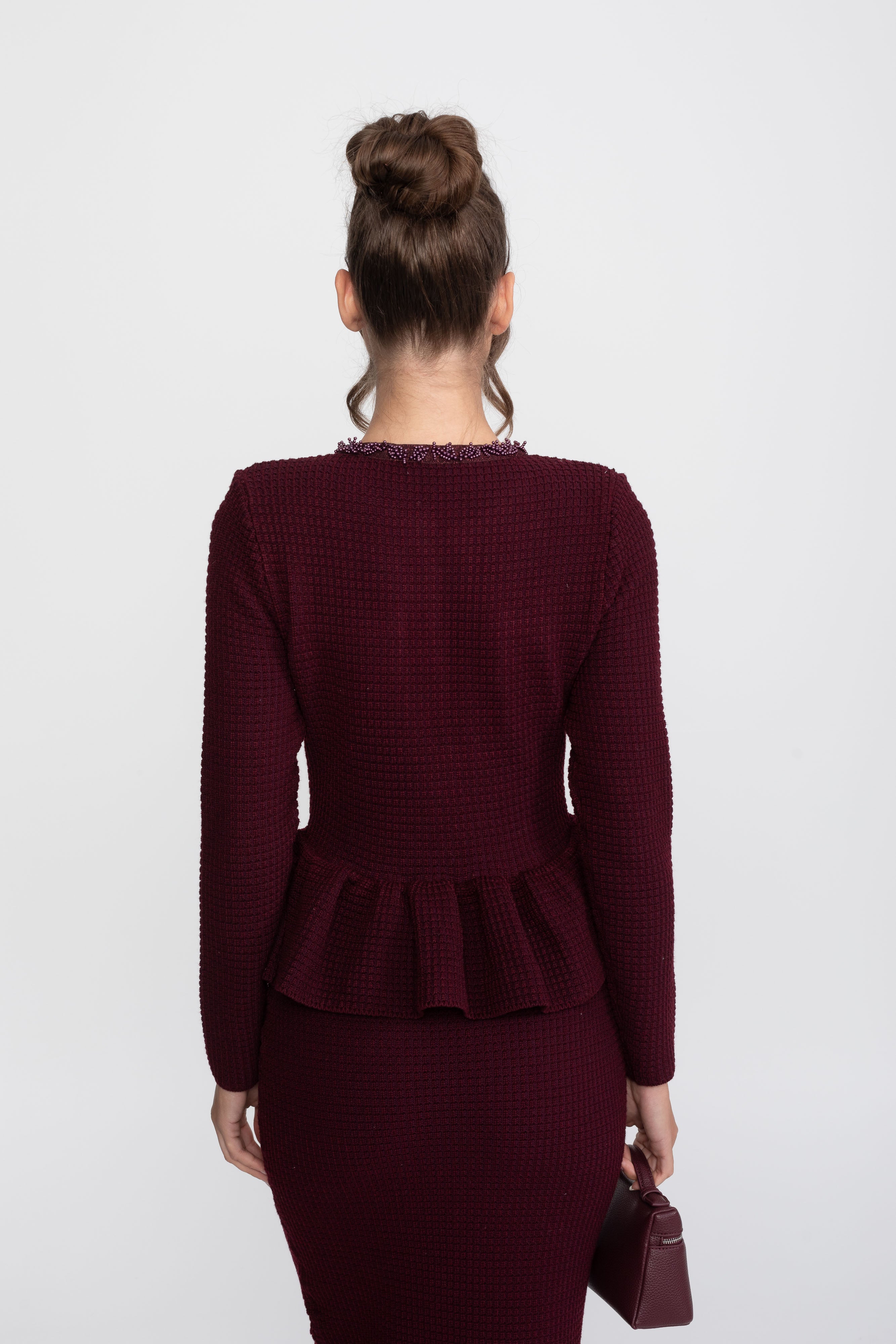 Rochie tricotată peplum cu finisaj fringe și buzunare frontale la piept - Burgundy 