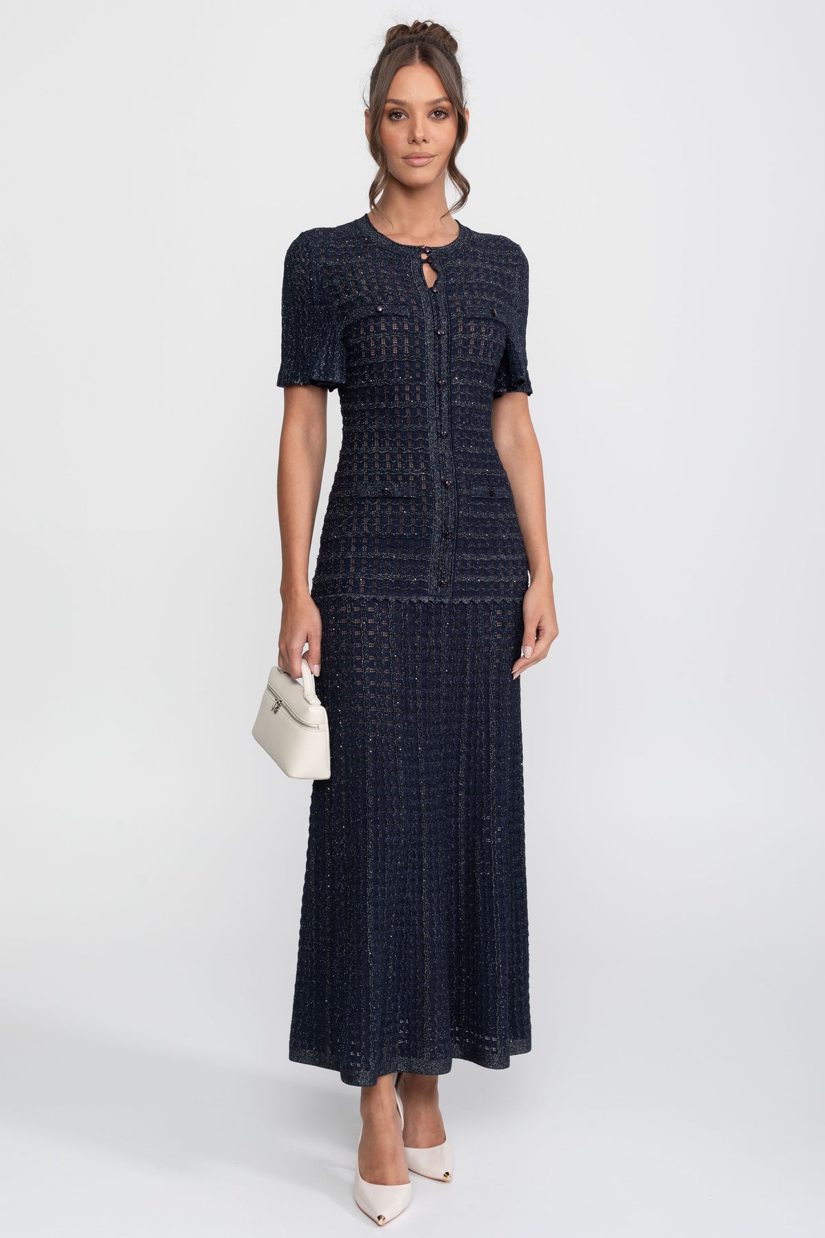 Rochie midi cu mâneci scurte, textură tricotată cu sclipiri - Navy 