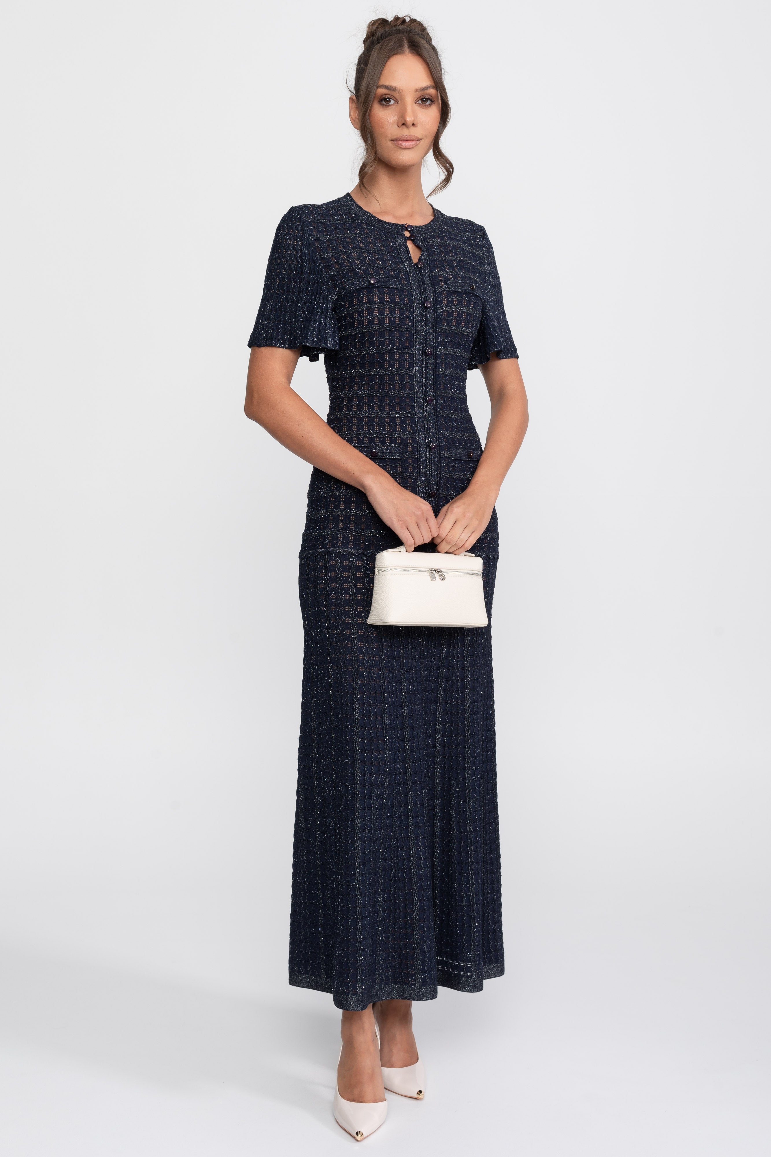 Rochie midi cu mâneci scurte, textură tricotată cu sclipiri - Navy 