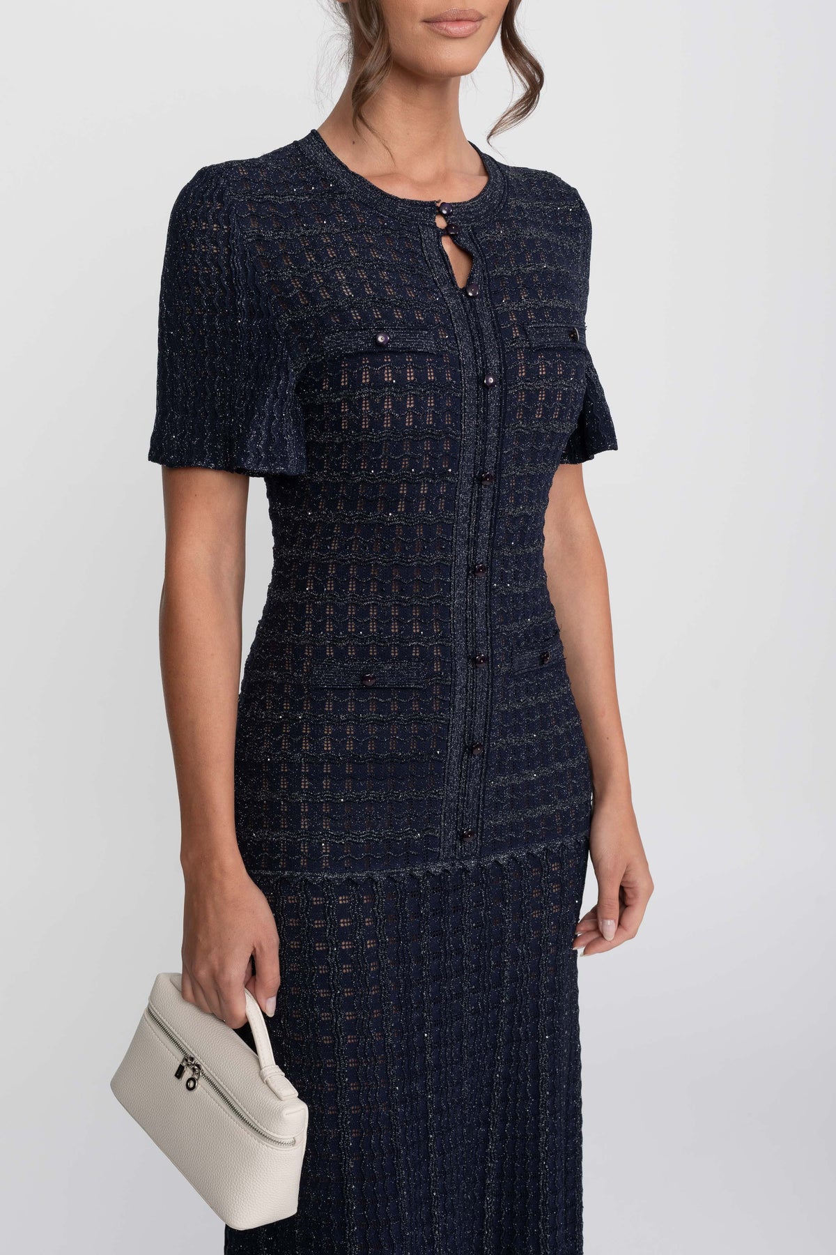 Rochie midi cu mâneci scurte, textură tricotată cu sclipiri - Navy 