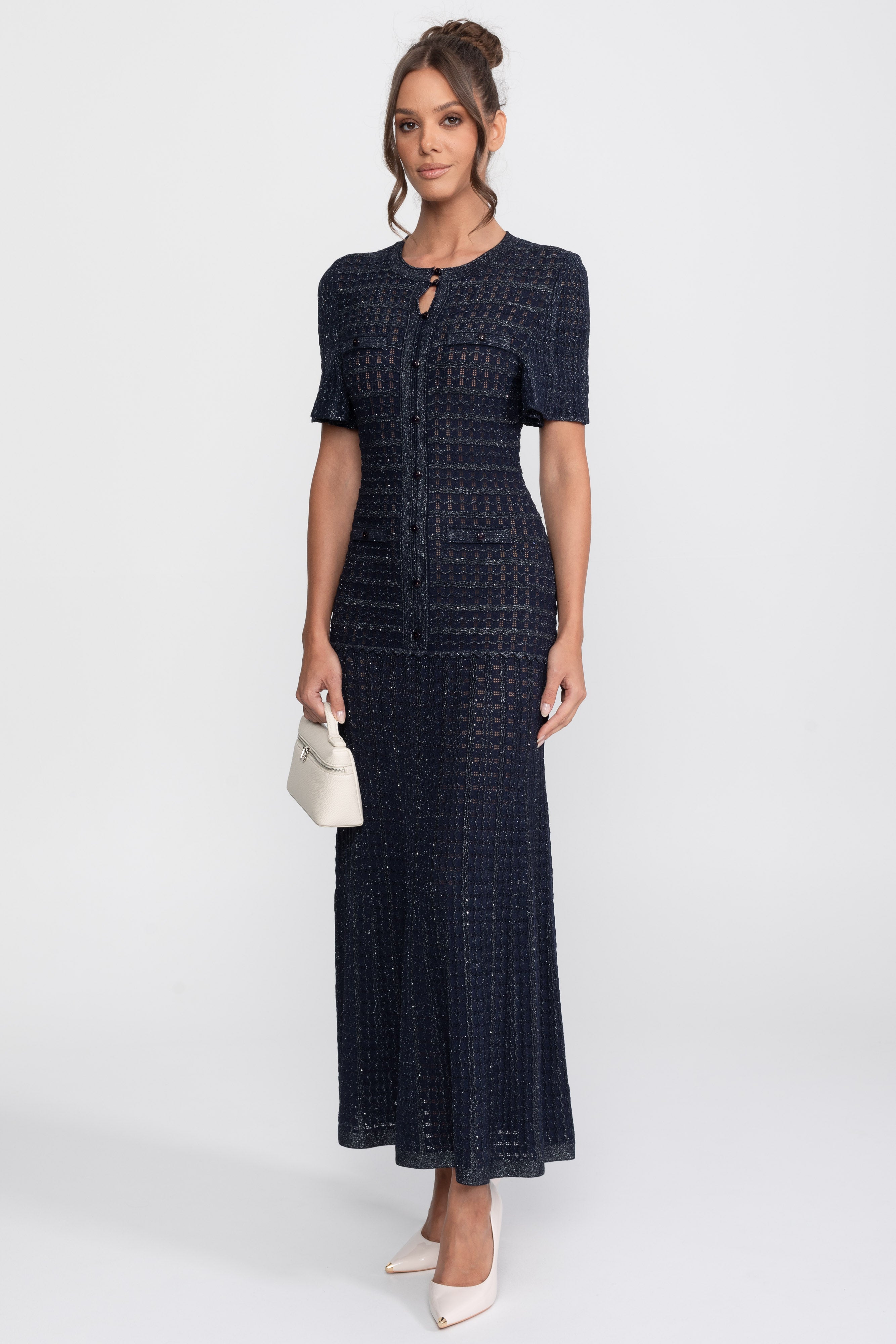 Rochie midi cu mâneci scurte, textură tricotată cu sclipiri - Navy 