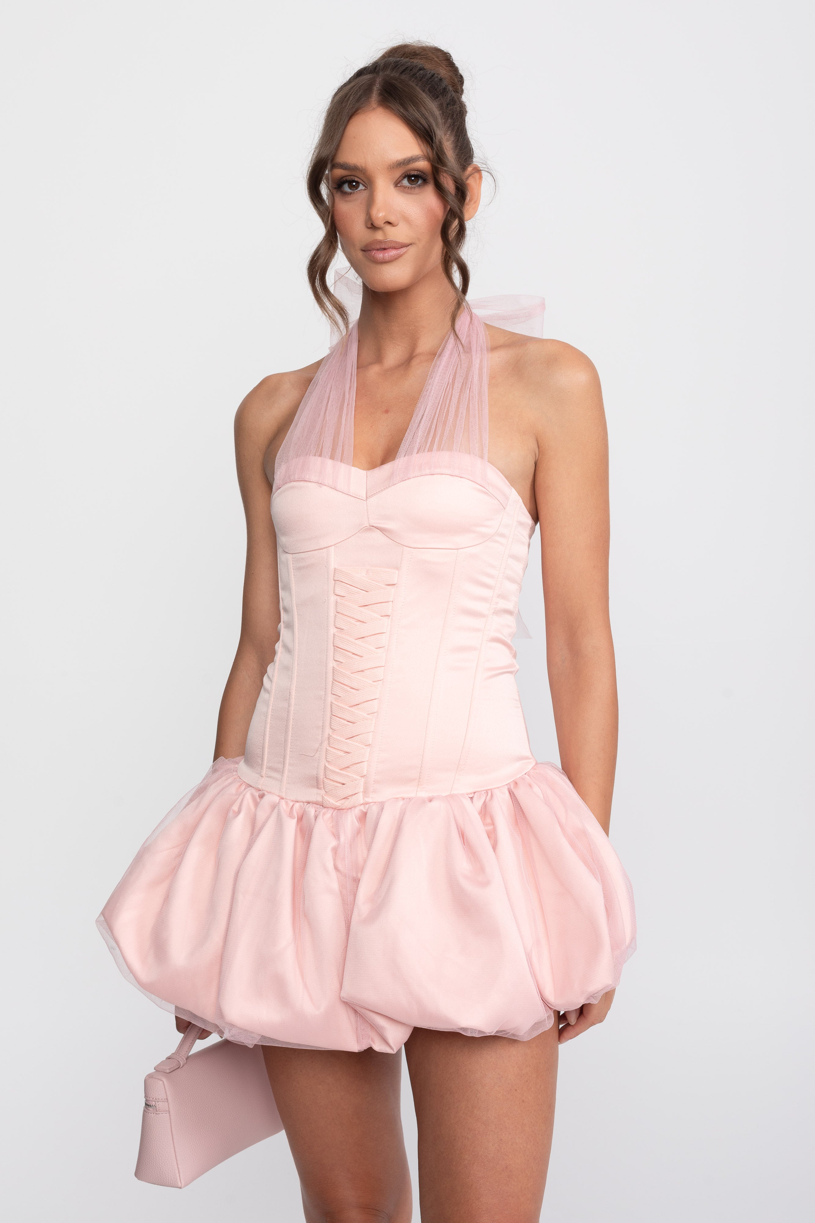 Corset Bubble Hem Mini Dress With Sheer Halter Tie - Pink