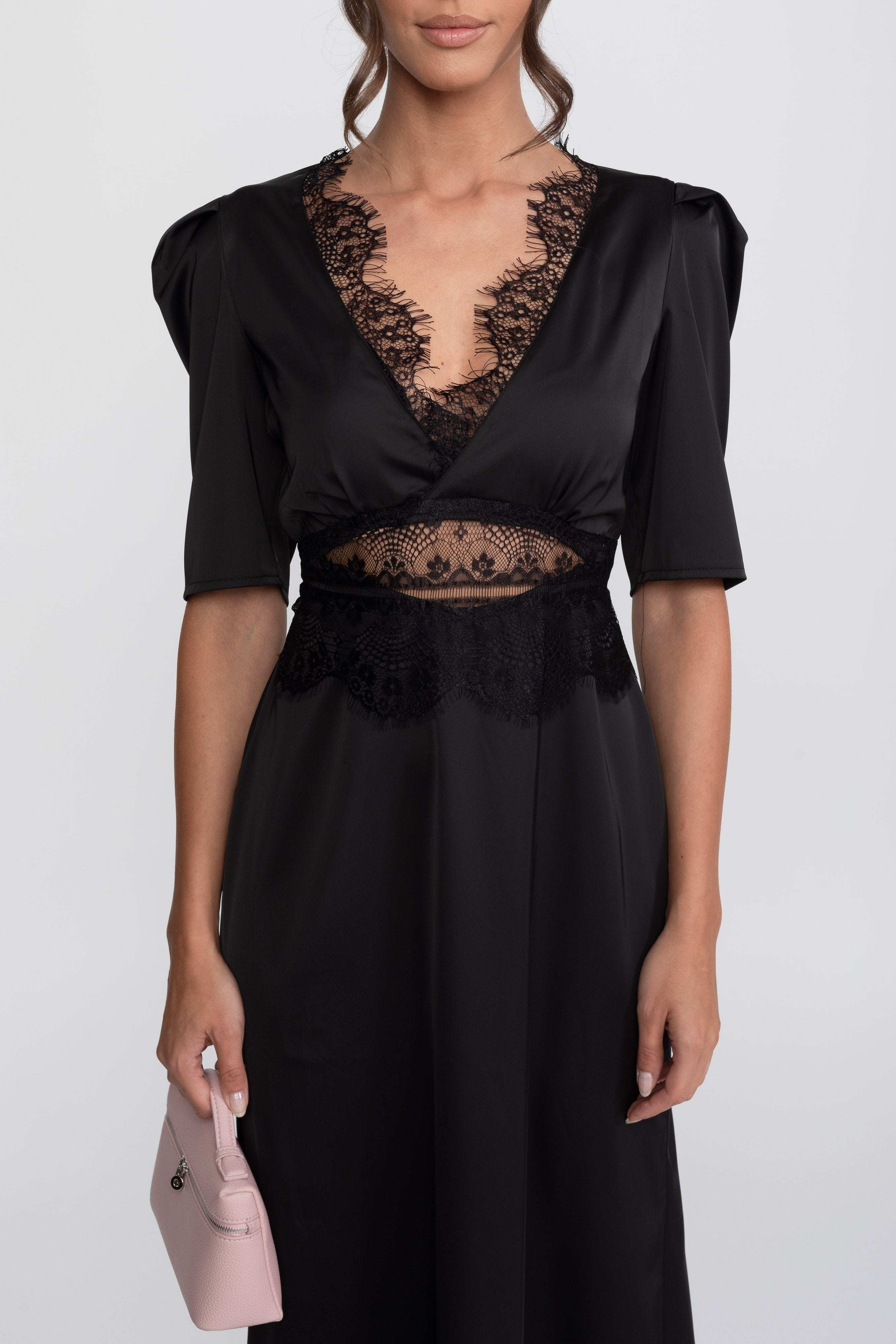 Rochie midi cu buline și finisaj din dantelă, cu mâneci bufante - Negru 